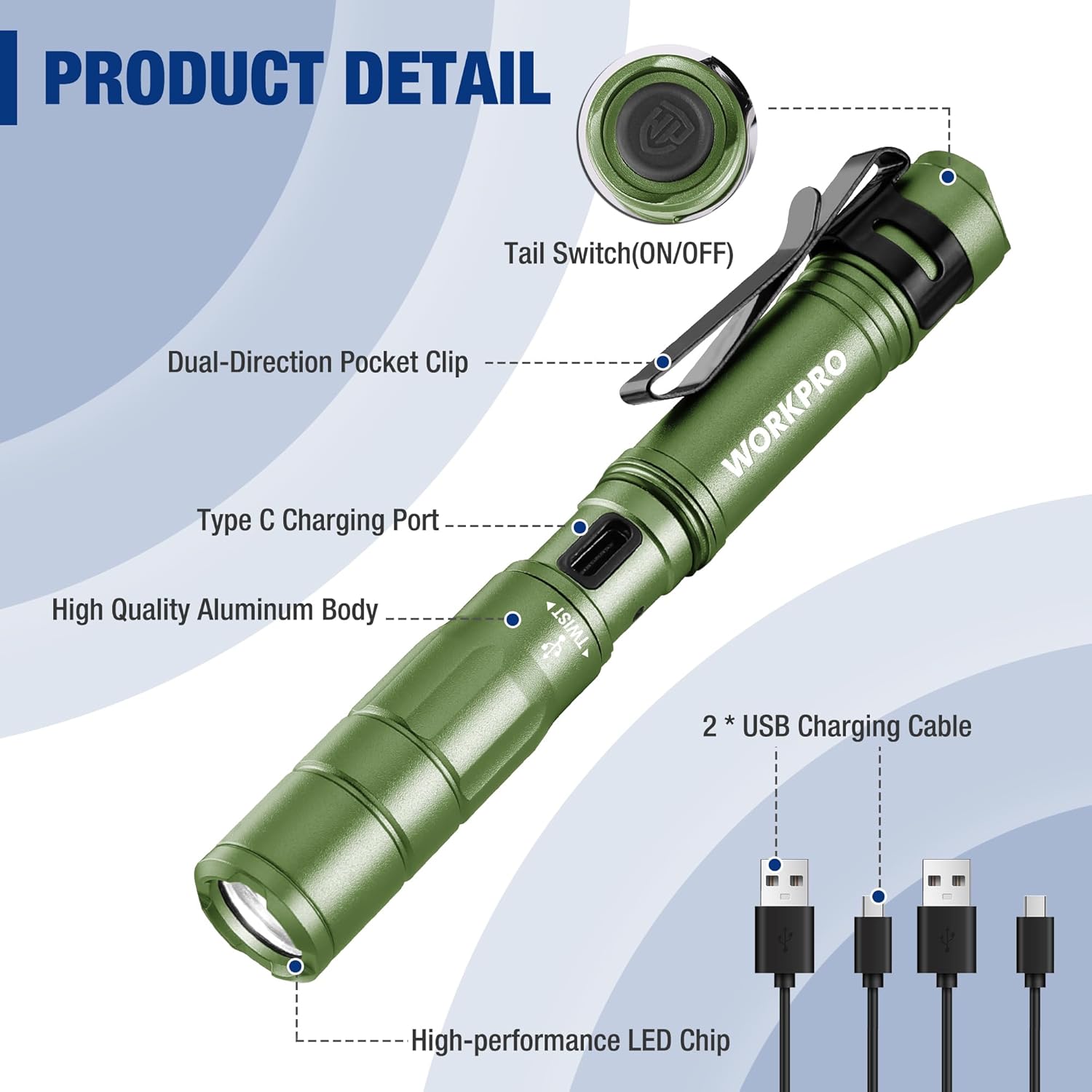 Green mini pen light with tail switch and USB-C port, includes 2 USB-C cables