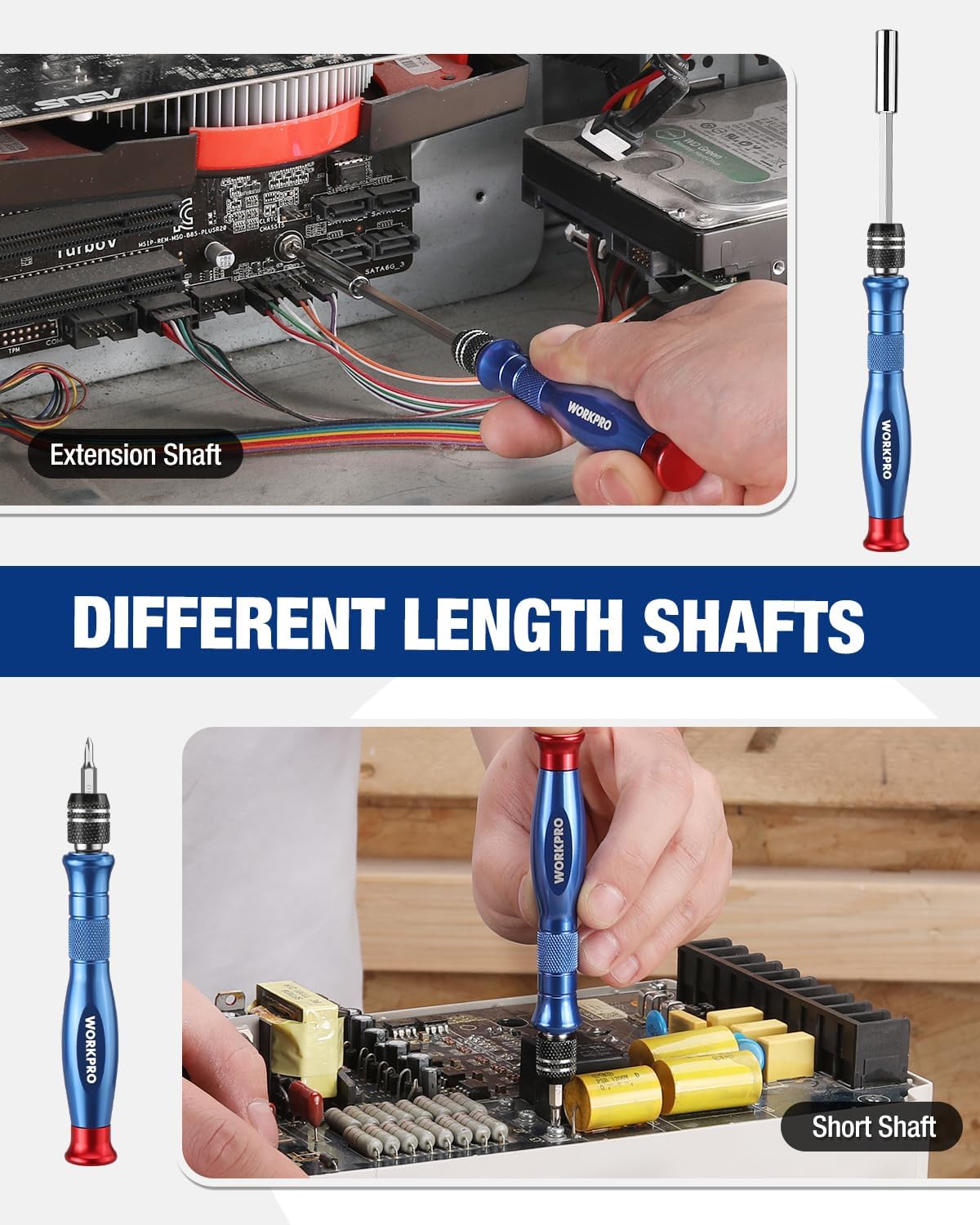 Blue pen-style precision screwdriver with extension shaft for longer bit reach
