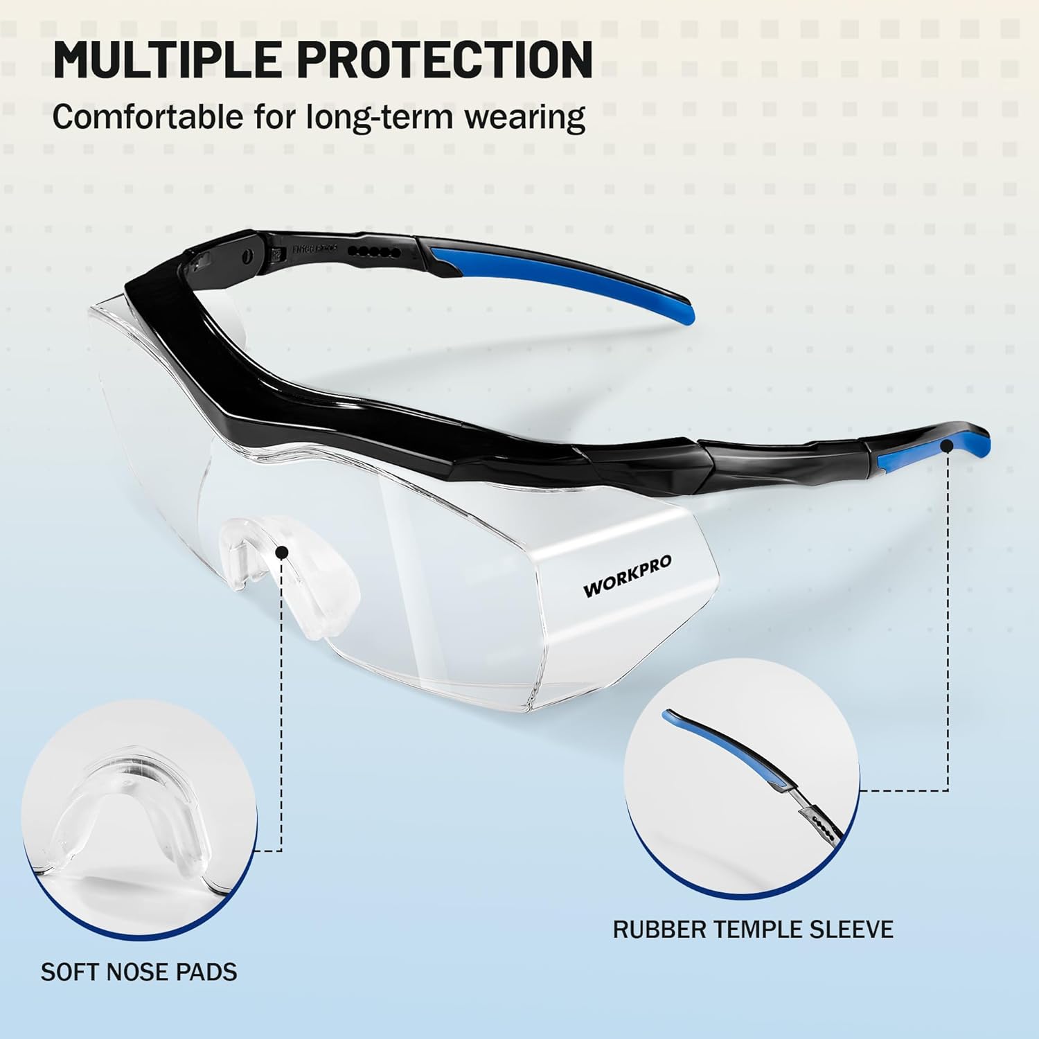 WORKPRO safety goggles with clear nose pads and rubber temple sleeves, black and blue