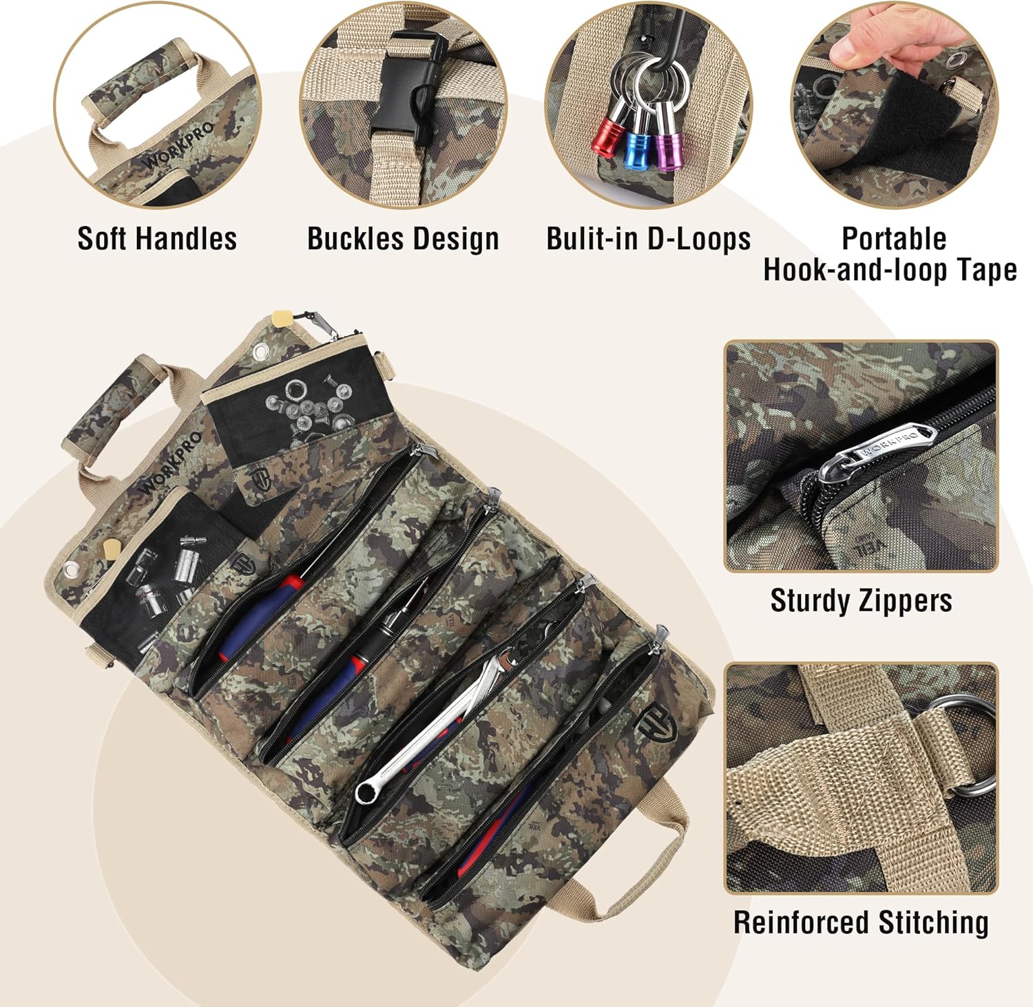 Camo roll tool bag with soft handles, D-loops, hook-and-loop closure, sturdy zippers