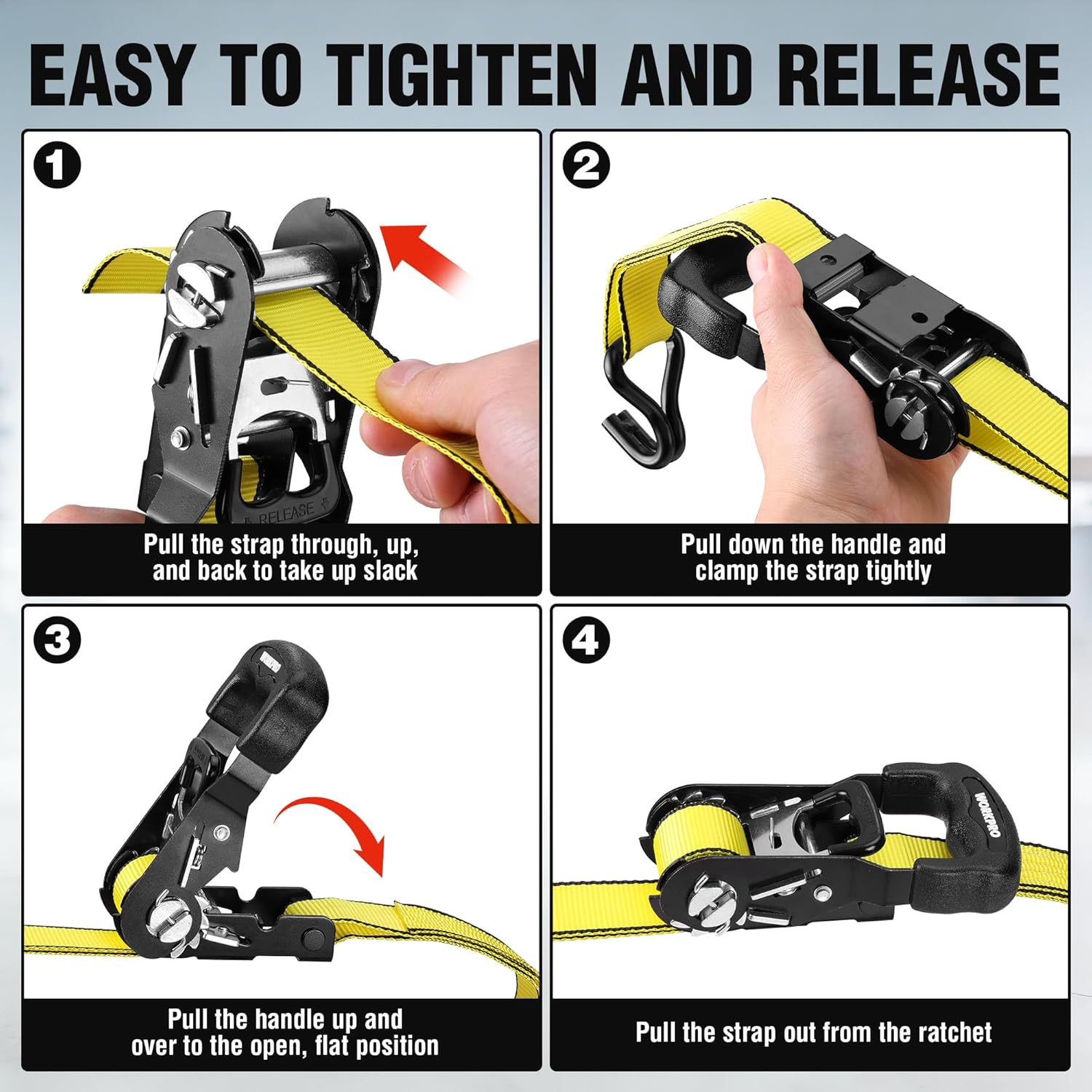 WORKPRO ratchet tie down steps for tightening and releasing a yellow strap