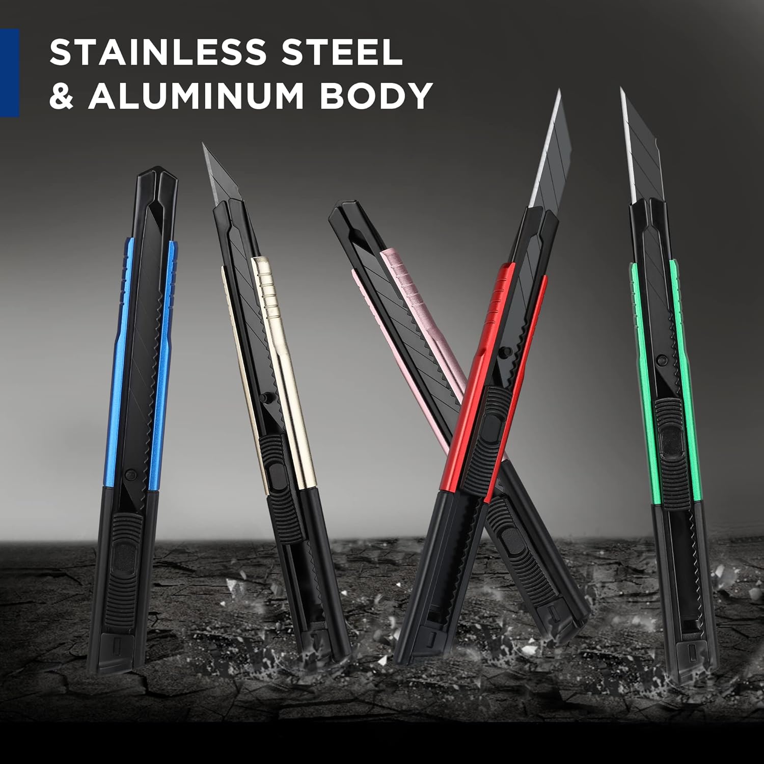 Retractable utility knife set with black handles and colored grips, snap-off blades