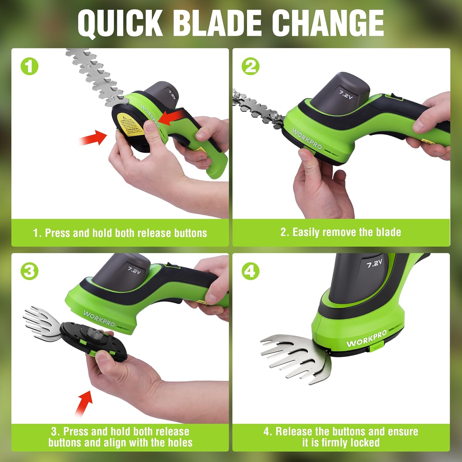 Cordless trimmer showing quick blade change with two release buttons on handle