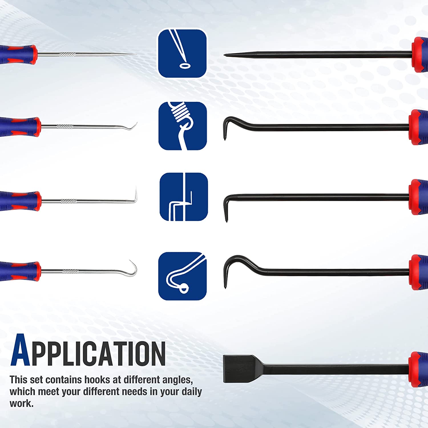 9-piece hook and pick set with blue-and-red grips, metal tools neatly arranged