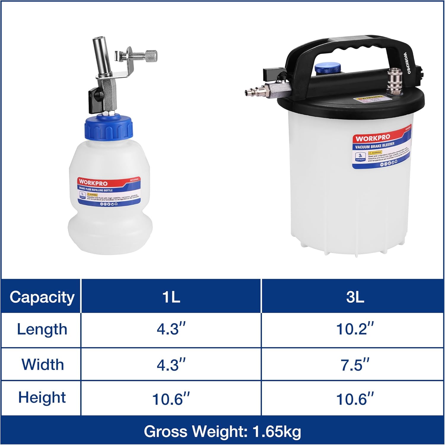 1L and 3L vacuum brake bleeder tanks with capacity dimensions