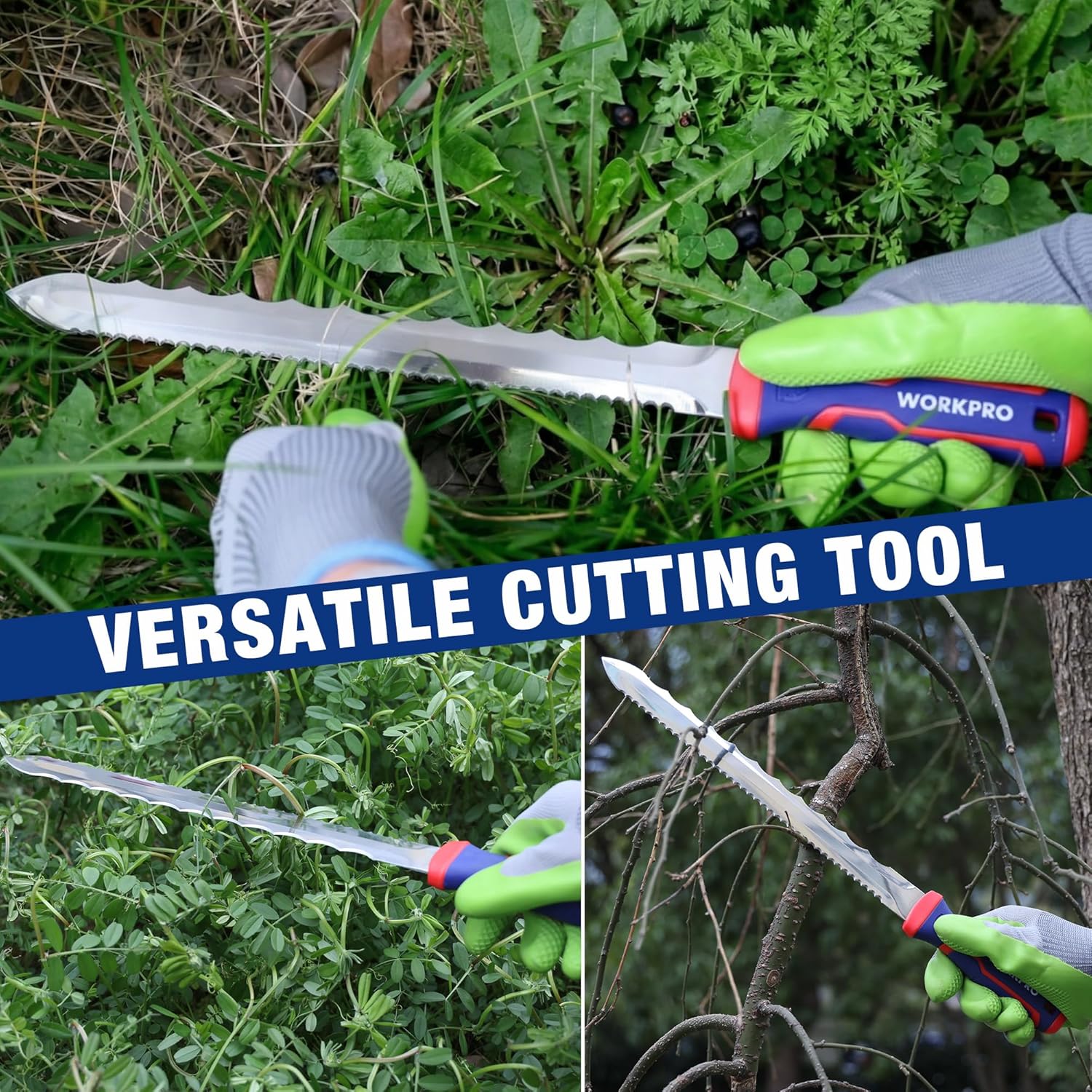 WORKPRO versatile cutting tool with serrated blade and green handle grips