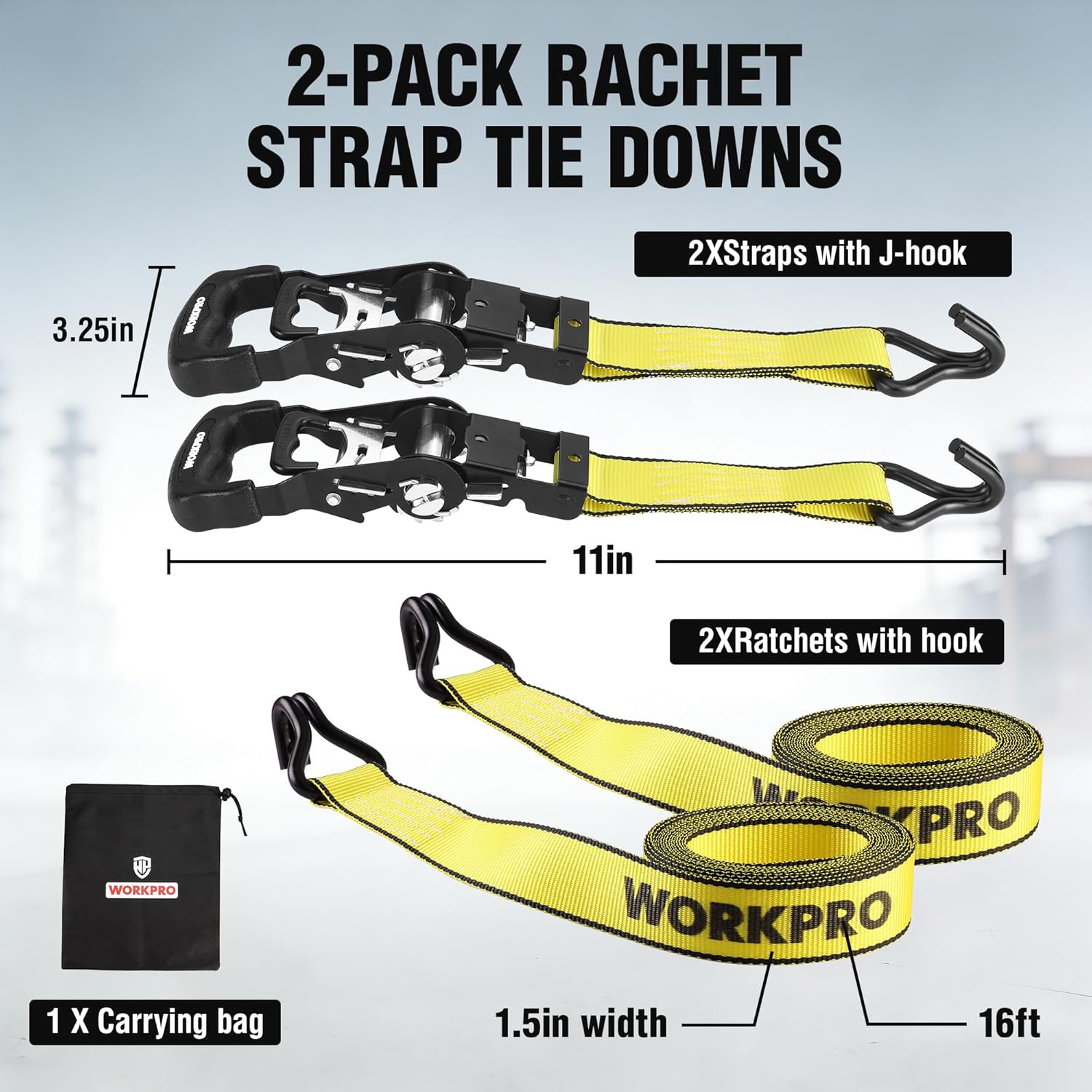 2-pack WORKPRO ratchet tie downs: yellow straps with black ratchets and J-hooks