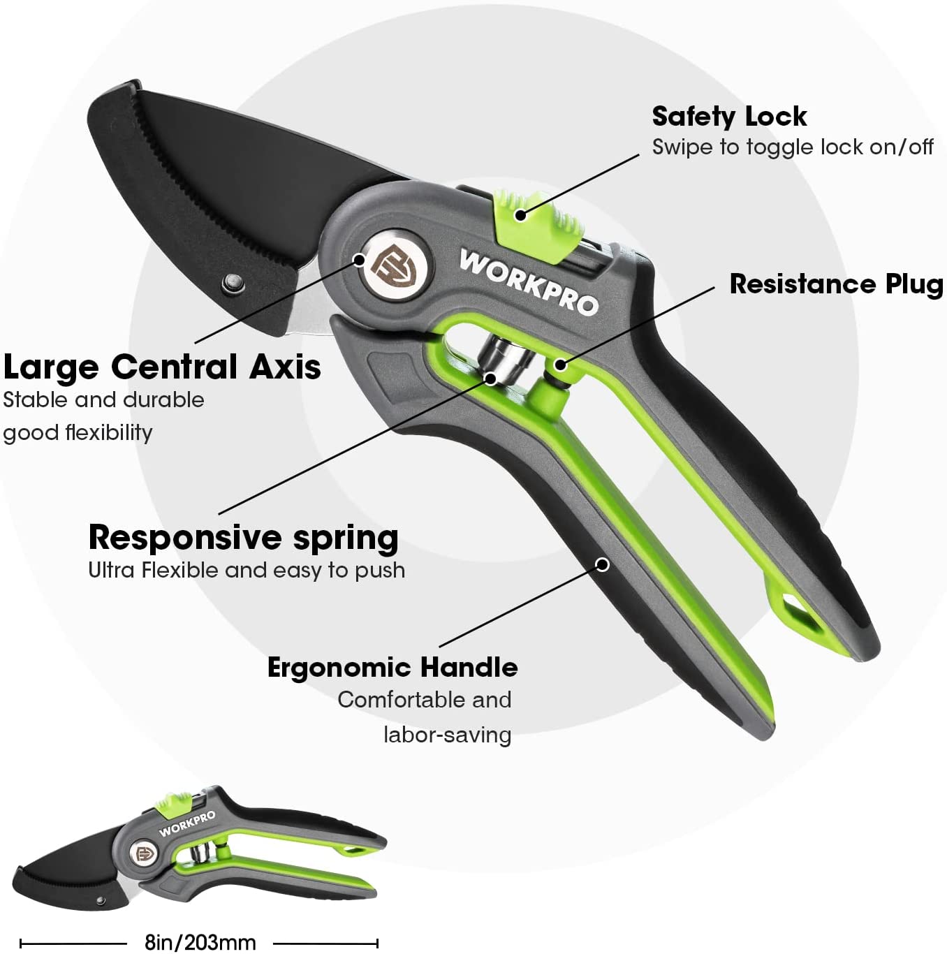 Green and black pruning shears with safety lock latch and ergonomic double handle