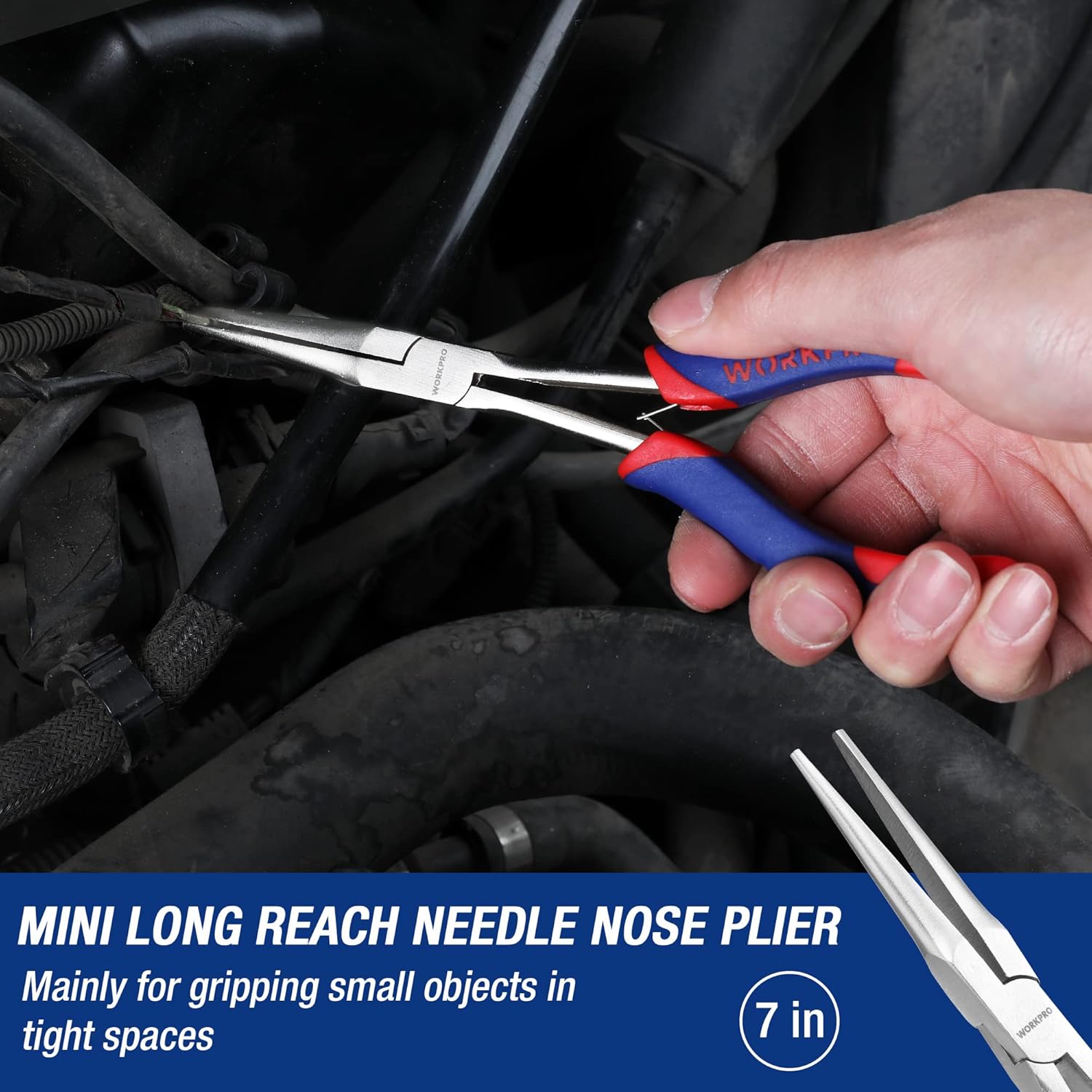Mini long reach needle nose plier with slim silver jaws and blue/red spring handle, used on wires
