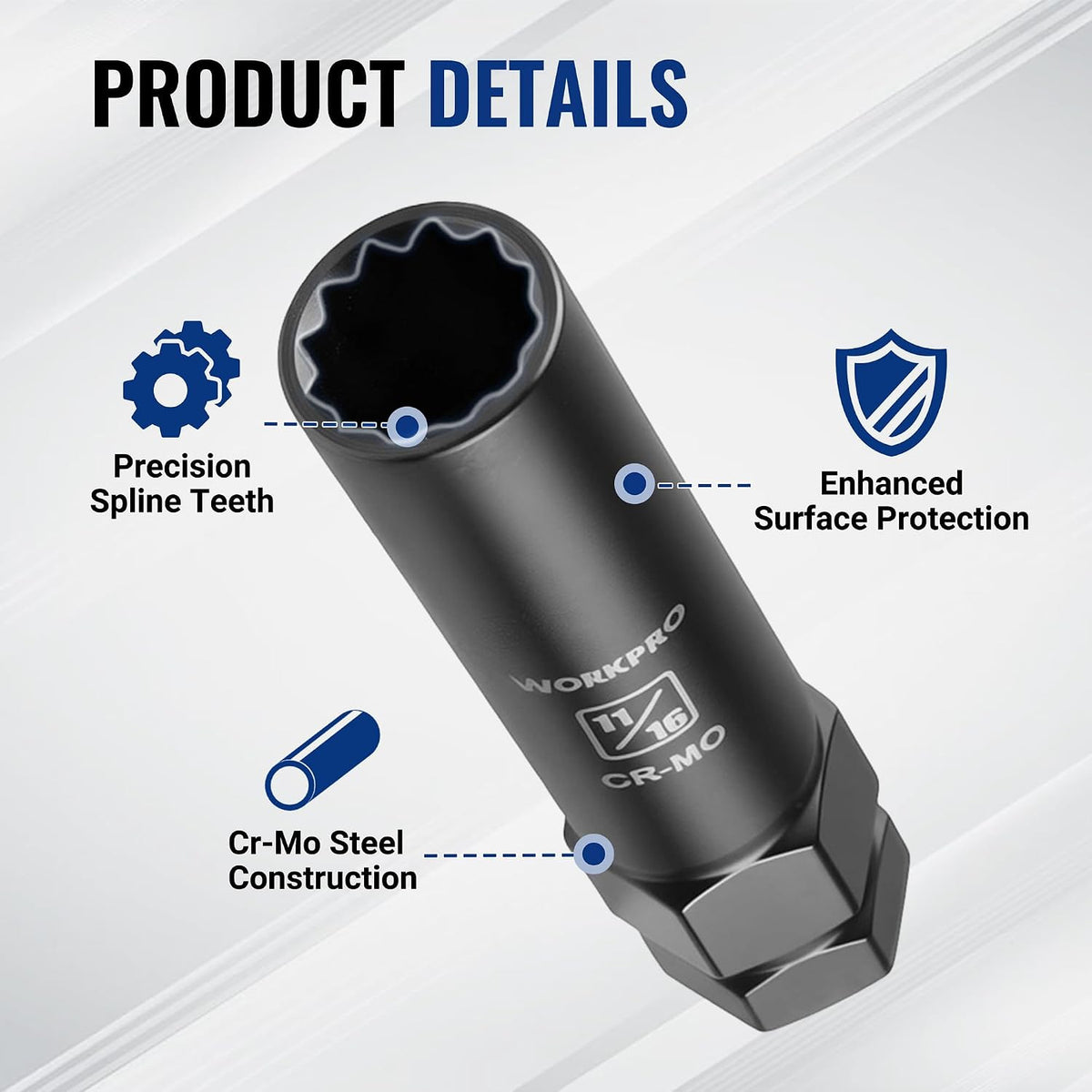 Workpro spline lug nut socket set with precision spline teeth and Cr-Mo steel construction for wheel removal.