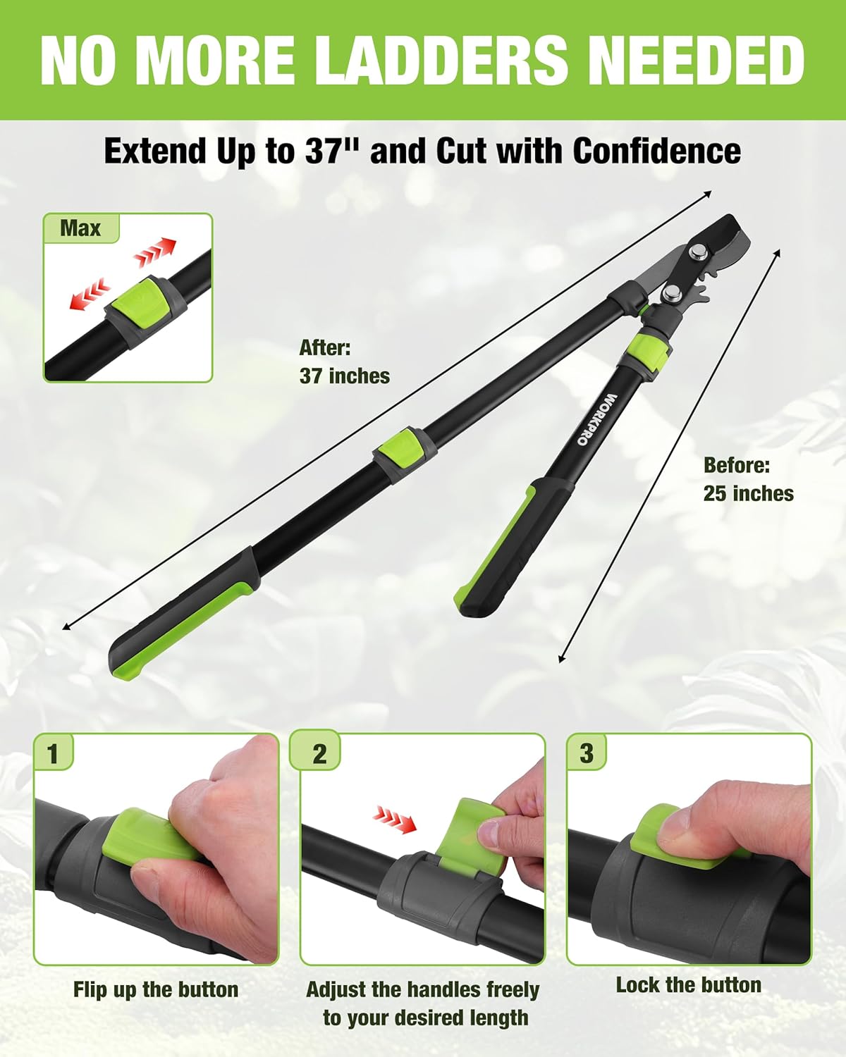 Extendable bypass lopper with black handles, lime grips, and pivoting pruning head for trees