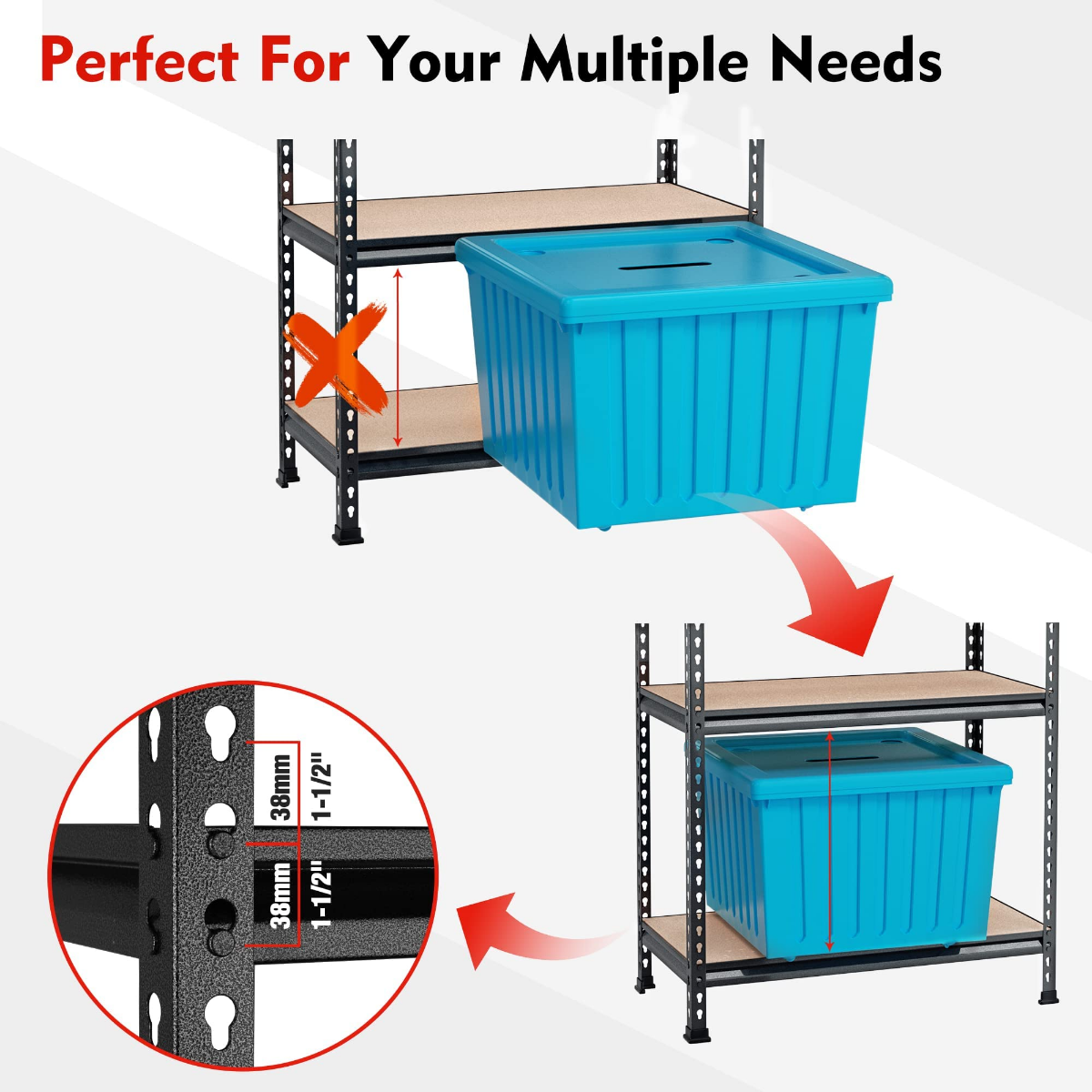 Adjustable 5-tier metal storage rack with particleboard shelves for large plastic bins