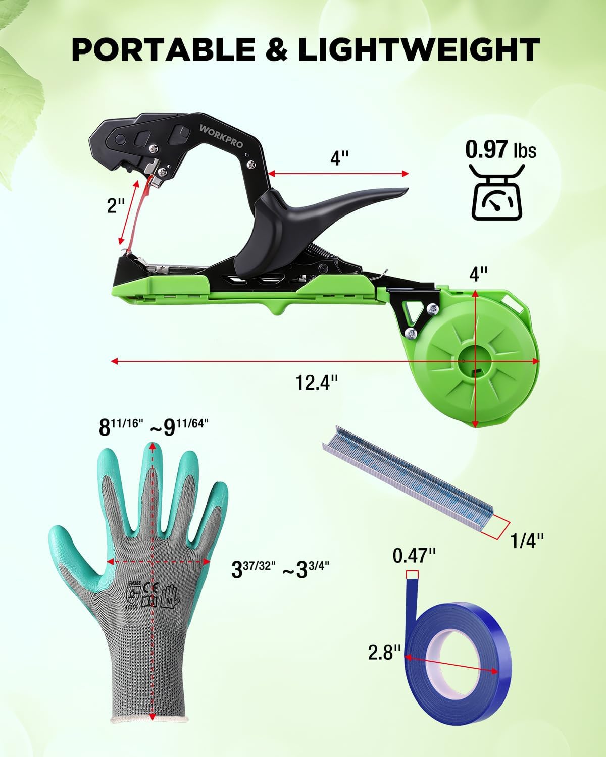 Portable plant tying tape gun, black and green body with blade and tape reel