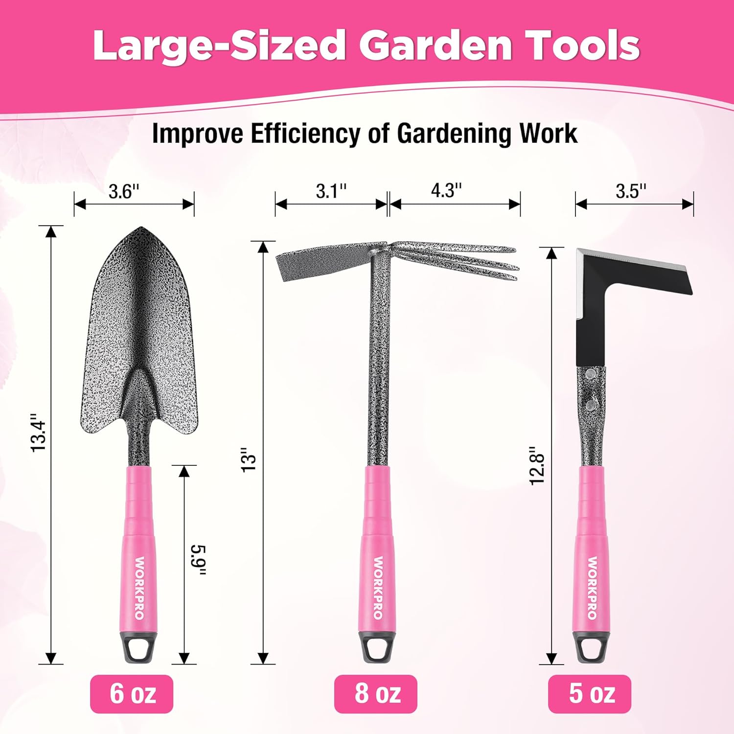 WORKPRO pink-handled garden hand tools set with trowel, rake, hoe, and weeder heads