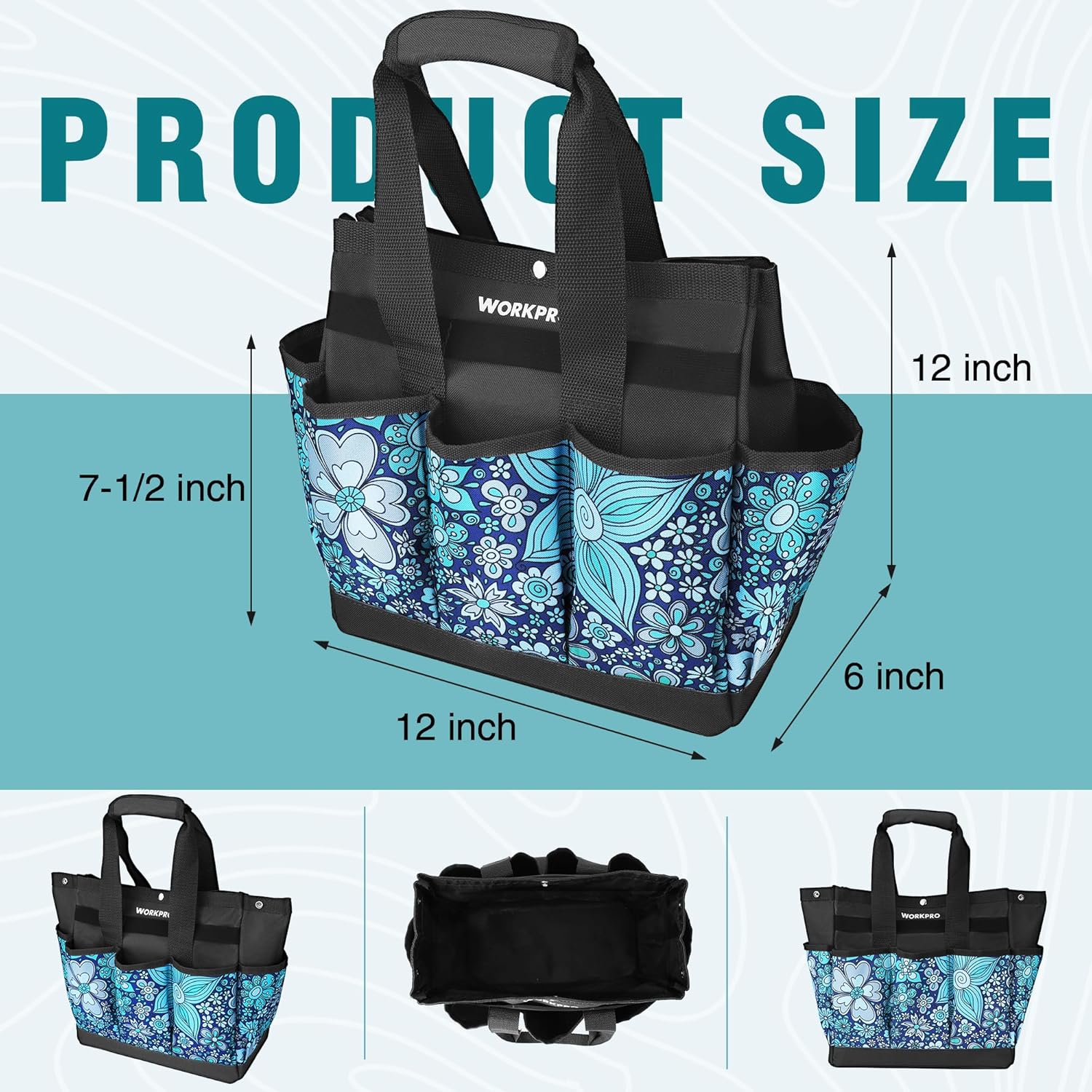 Floral blue garden tool tote bag with black base, open top, and reinforced carry handles