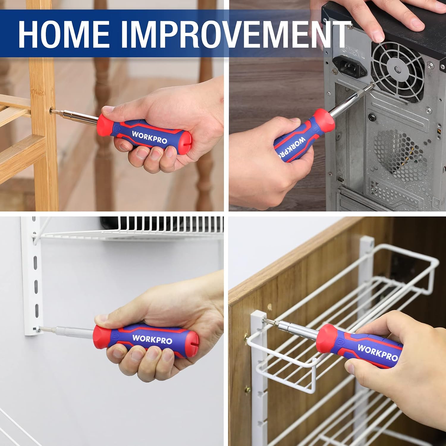 Red and blue multi-bit screwdriver gripping and adjusting screws on home fixtures