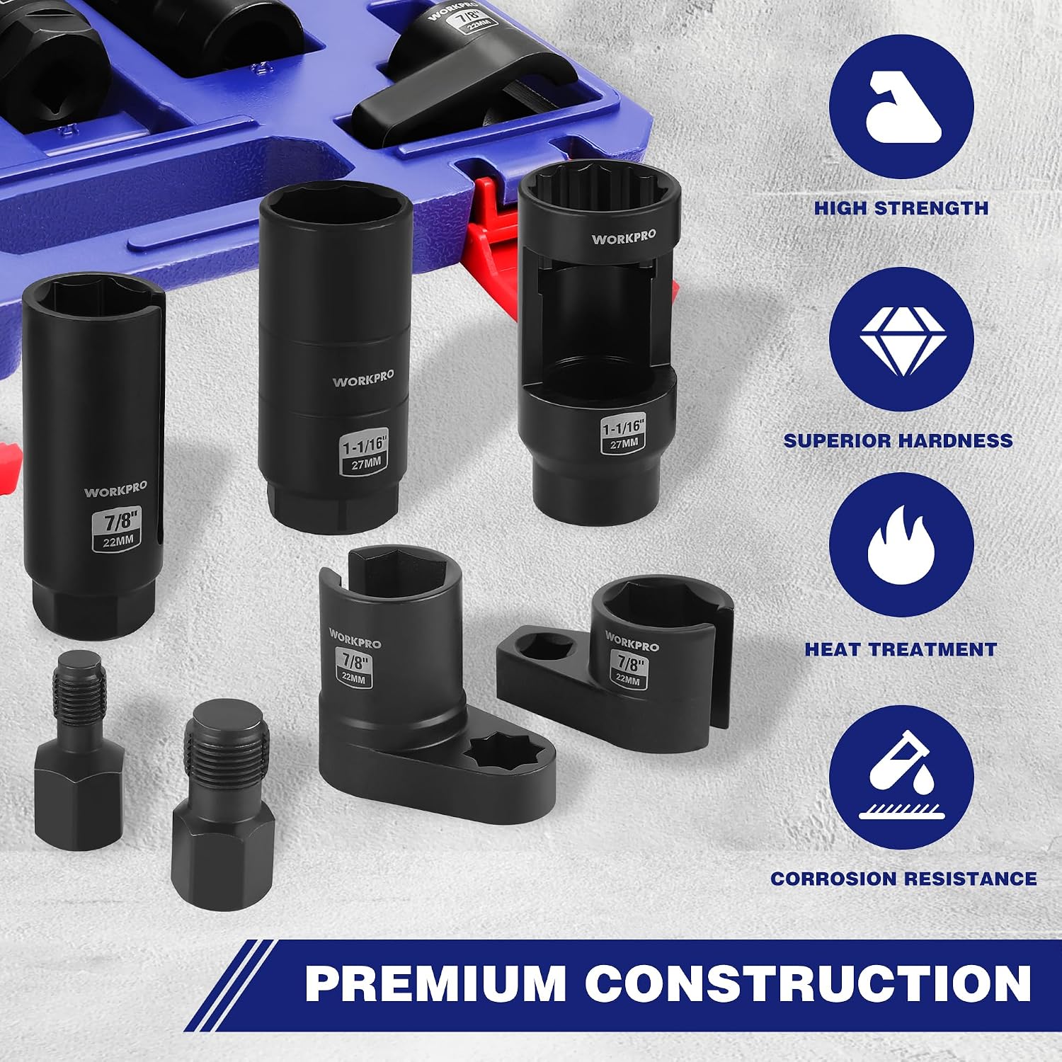 WORKPRO oxygen sensor socket set with black sockets and thread chasers on tray