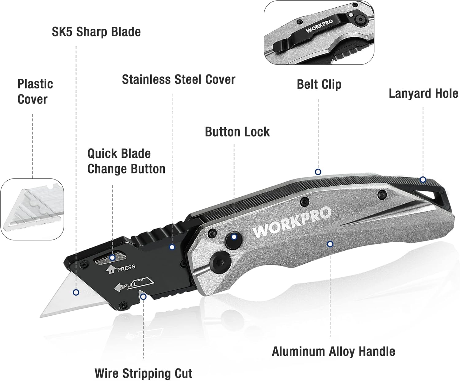 WORKPRO folding utility knife with aluminum alloy handle, button lock, and belt clip