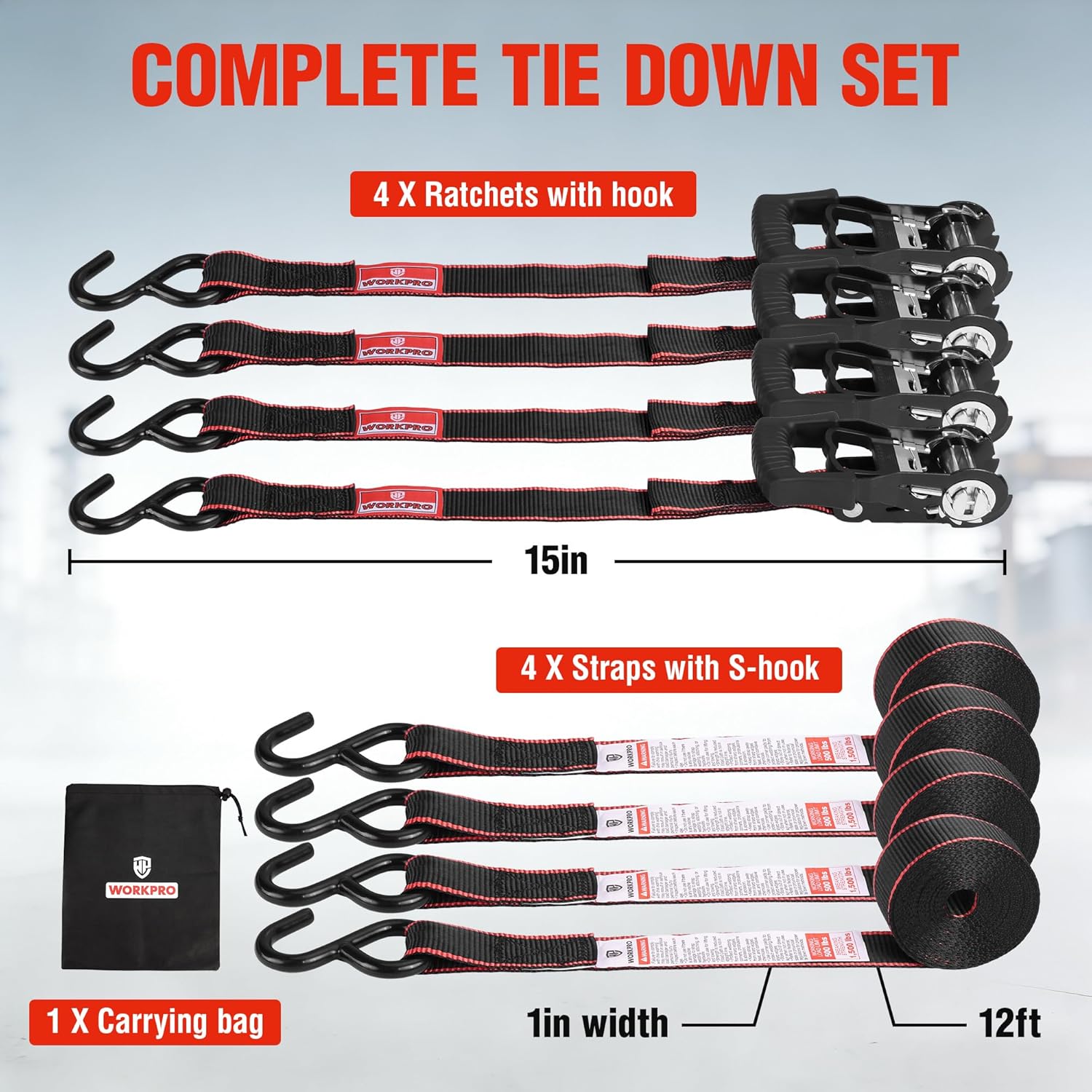 Set of red-and-black ratchet tie-down straps with S-hooks, ratchets, and carrying bag