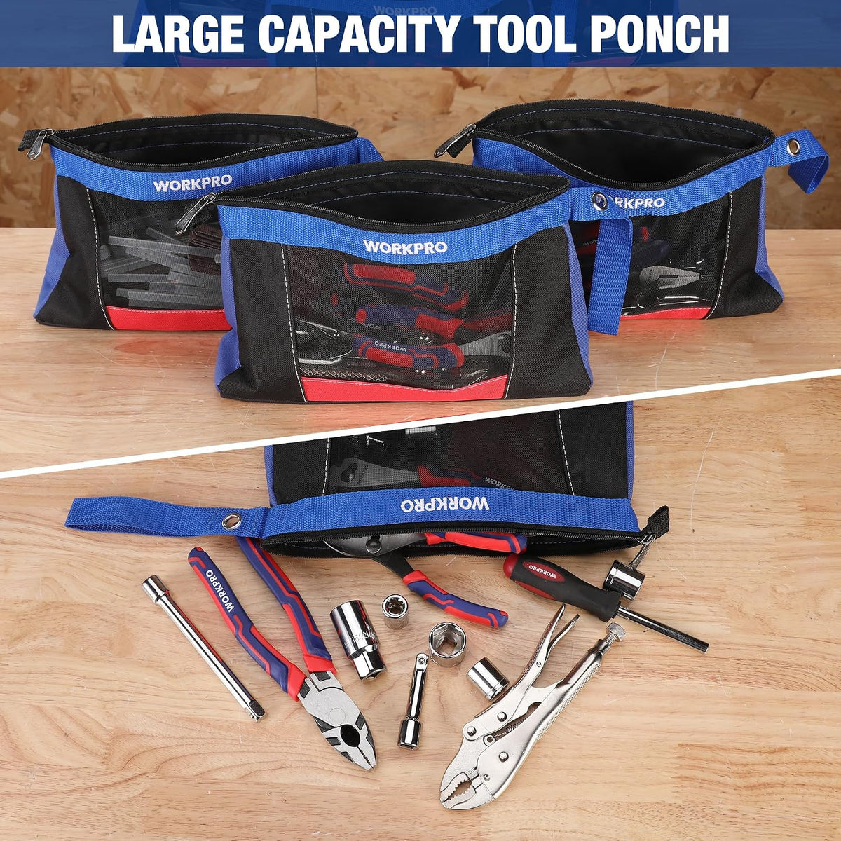 WORKPRO 12" Tool Pouches with Zipper, Heavy-Duty Small Tool Bag, Utility small tool pouch for Tool Organizers and Storage, Mini Tool Bag, 3 Pack
