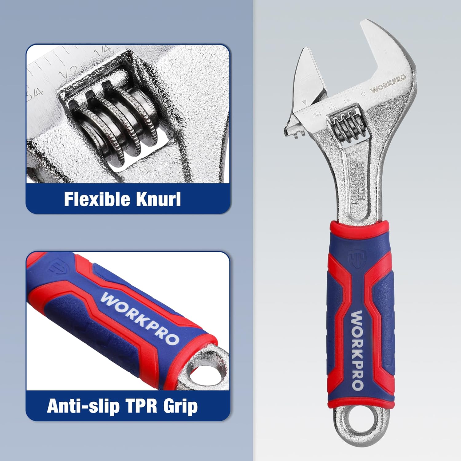Adjustable wrench with flexible knurl and anti-slip TPR red/blue grip