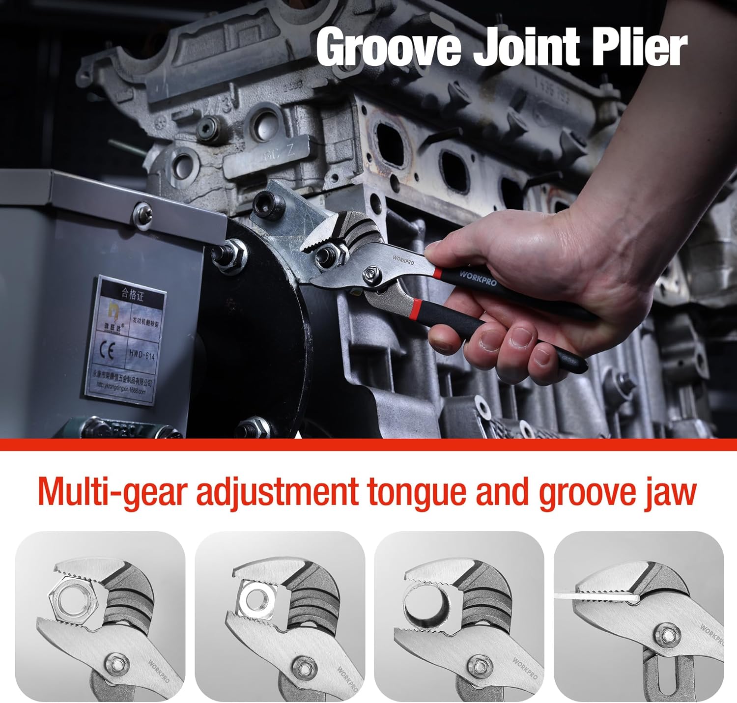Groove joint pliers with adjustable jaw and black-and-red handle on tools