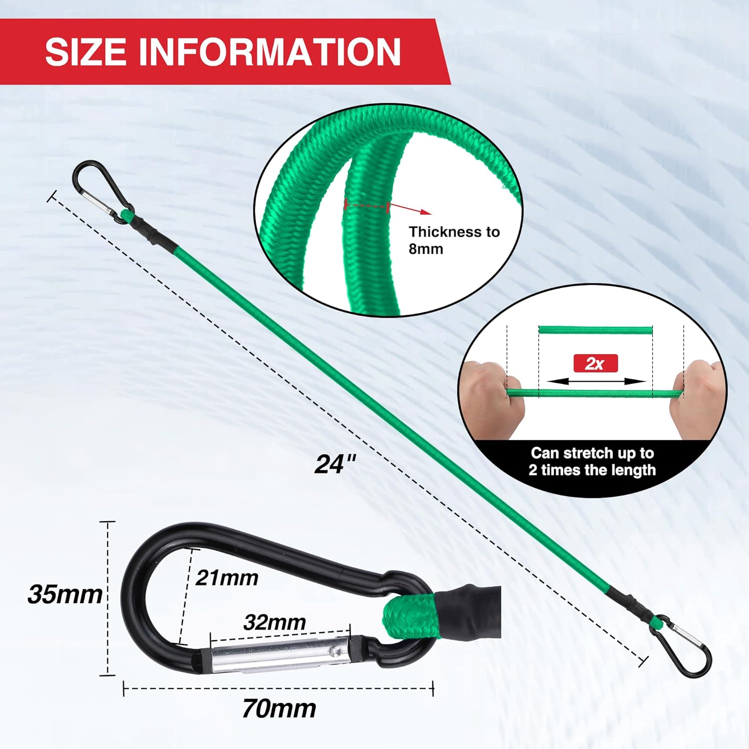 24-inch green bungee cord with black end caps and metal hook, length shown.