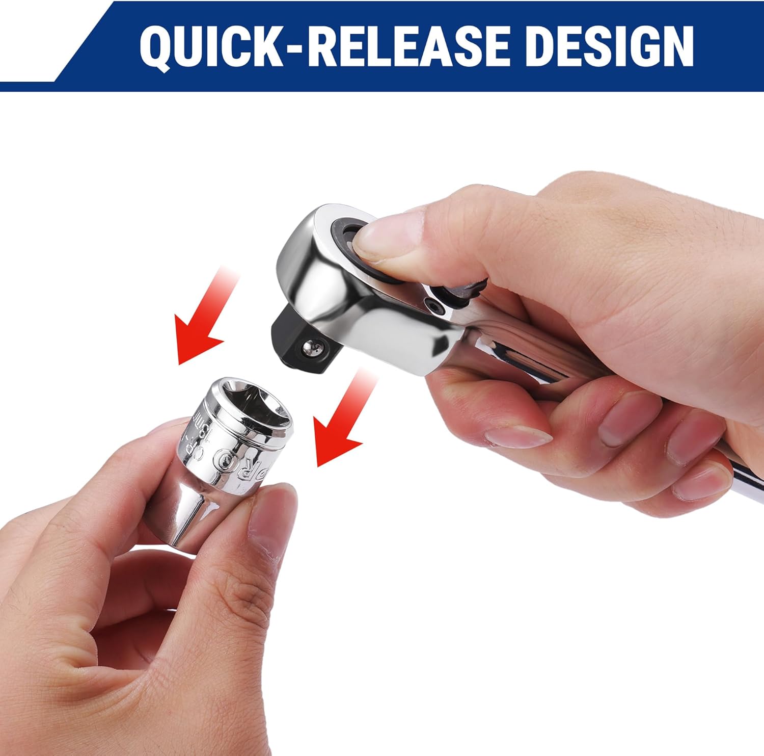 Quick-release ratchet mechanism, chrome head with detachable socket, hand shown