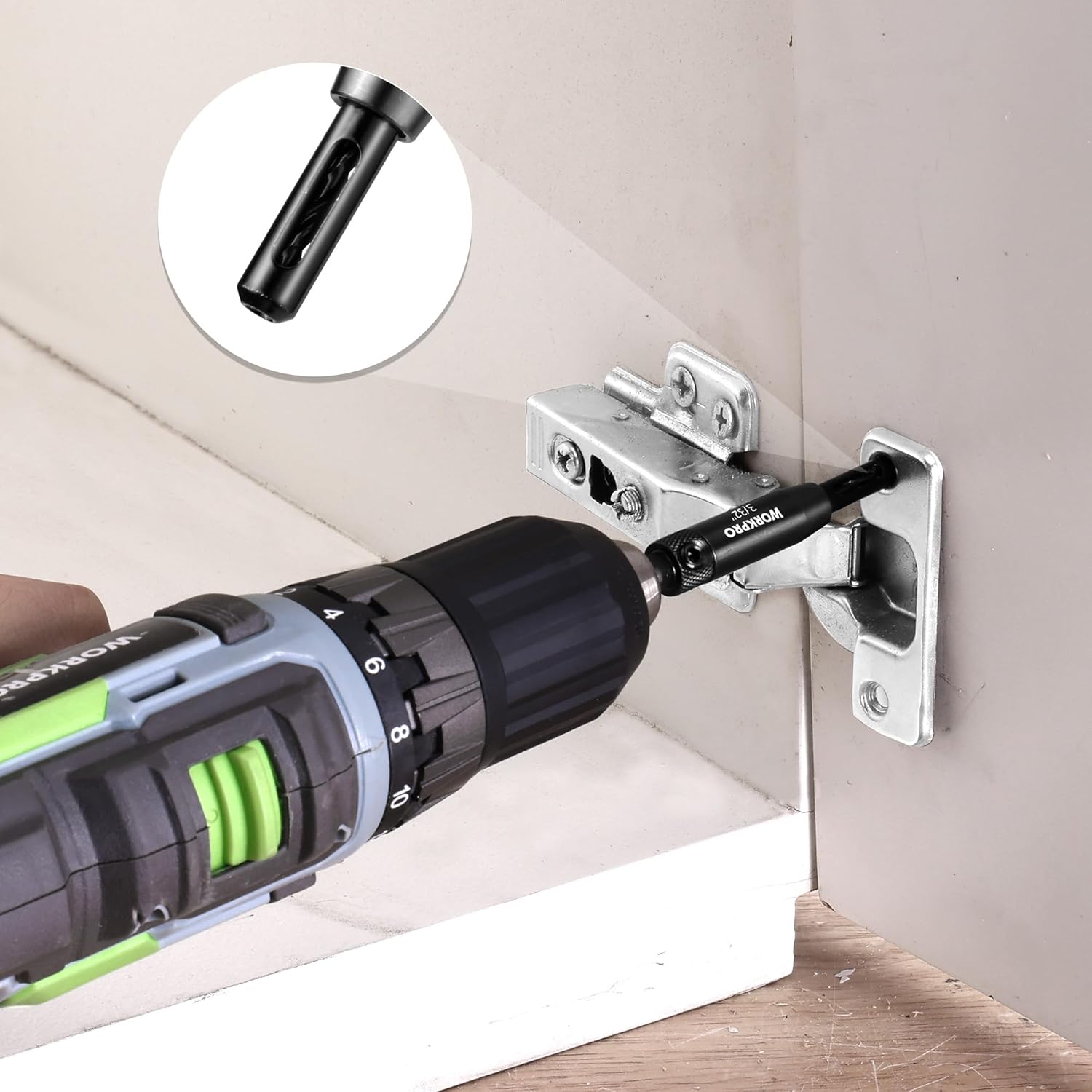 Self-centering drill bit guiding holes on a cabinet hinge bracket