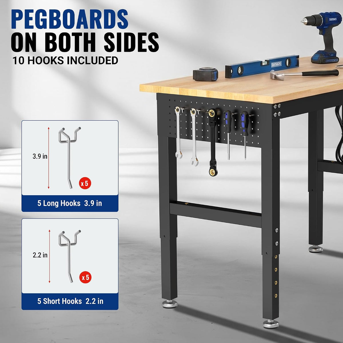 Workpro adjustable garage workbench with dual-sided black pegboard storage, wooden top, and visible tool hooks.