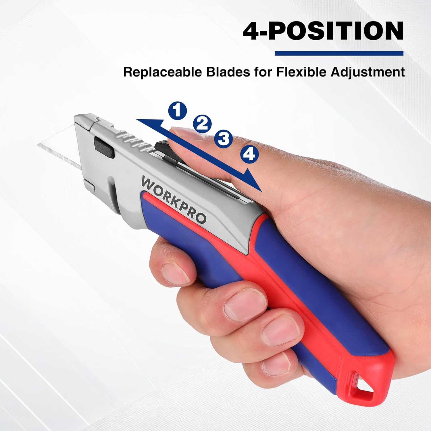 Handheld retractable utility knife with exposed blade for flexible adjustment.
