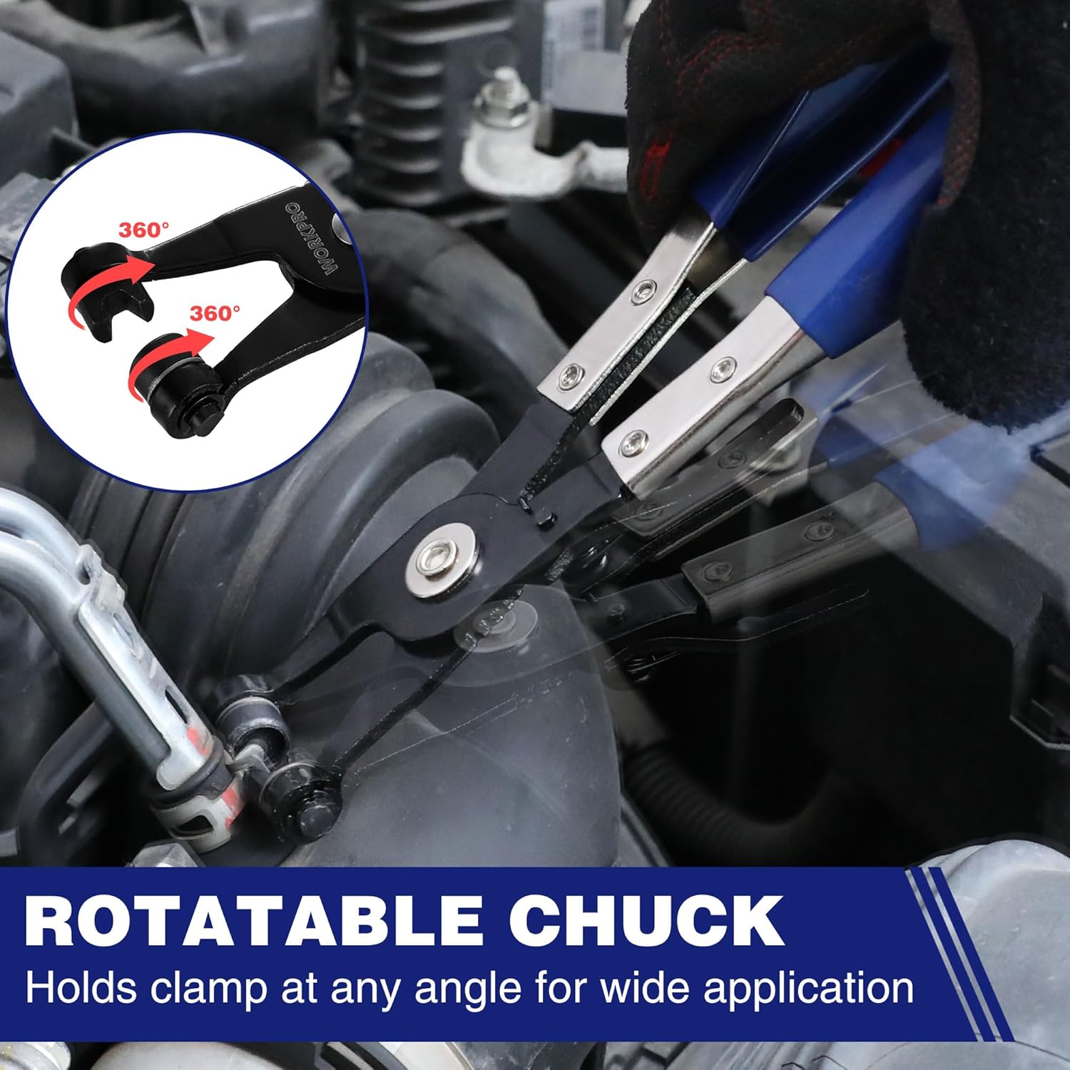 Hose clamp pliers gripping a rubber hose; rotatable chuck holds clamp at angles