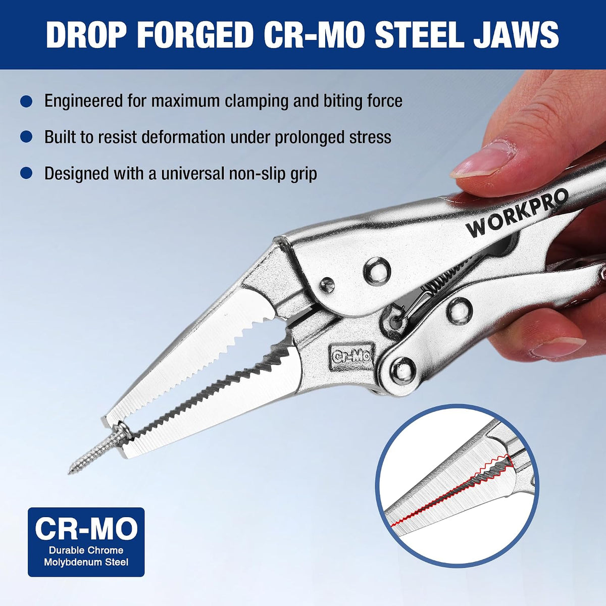 WORKPRO 9.5" Long Nose Locking Pliers, CR-MO Steel Construction with Perforated Screw, Multipurpose Clamping Tool for Automotive, Welding, and Home DIY