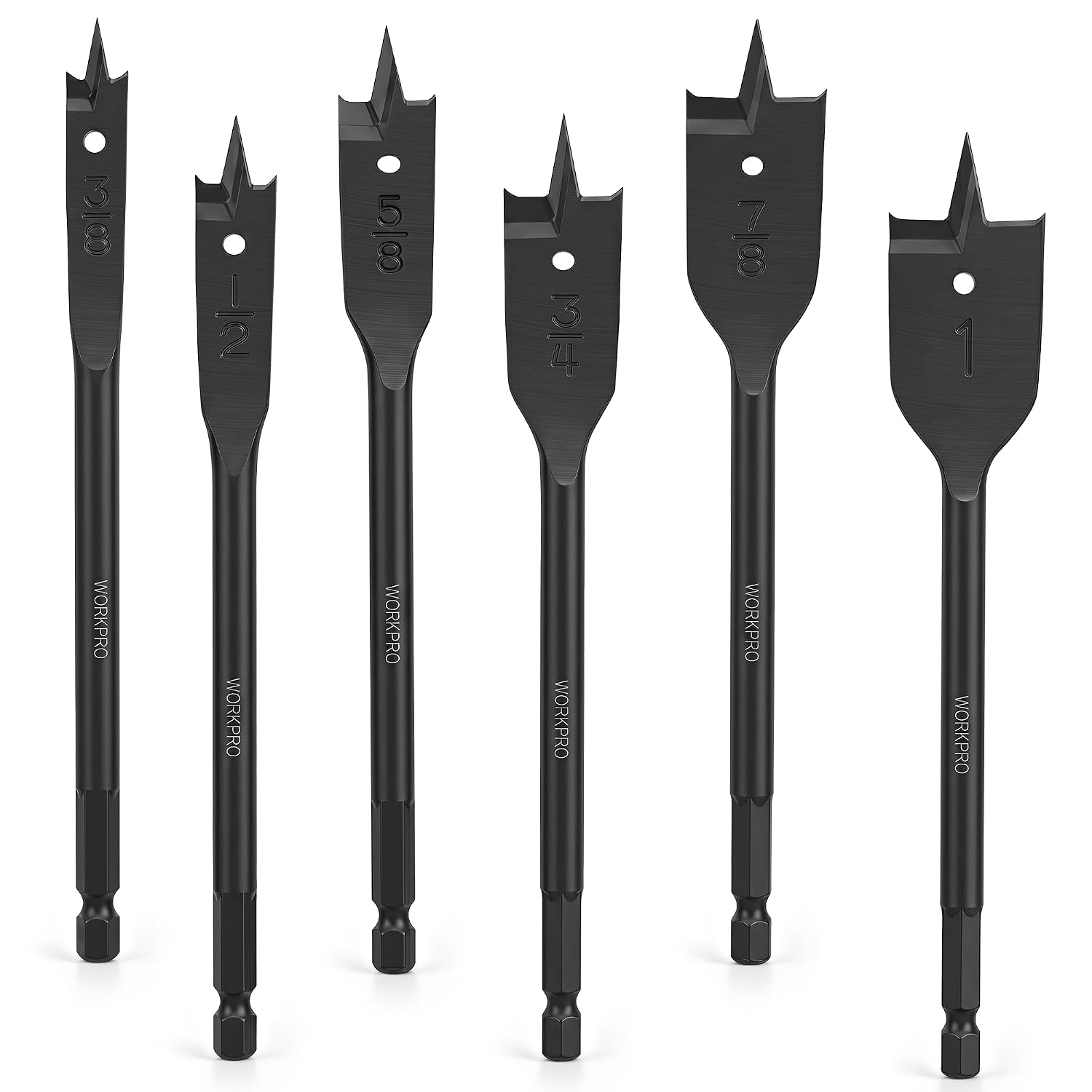 WORKPRO 6-Piece Spade Drill Bit Set, 3/8" to 1", Black