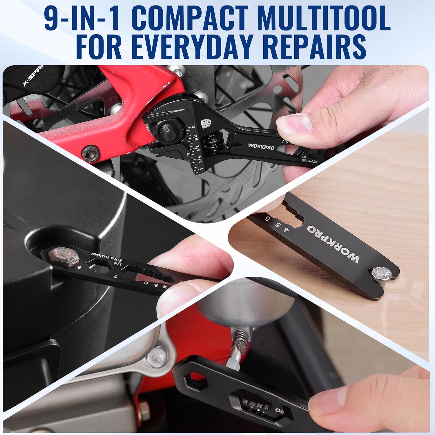 WORKPRO 4 inch adjustable wrench wide jaw opening 9 in 1 mini wrench multitool with metal tool body