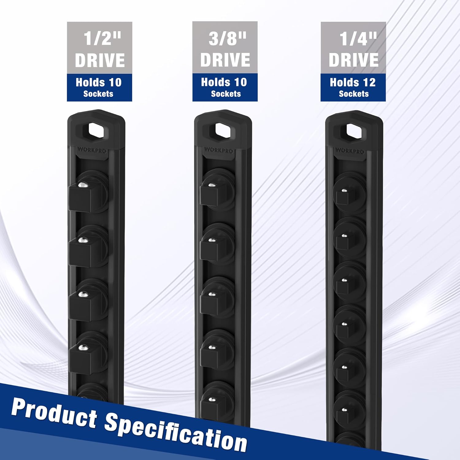 Three black magnetic socket rails shown side by side for different drive sizes