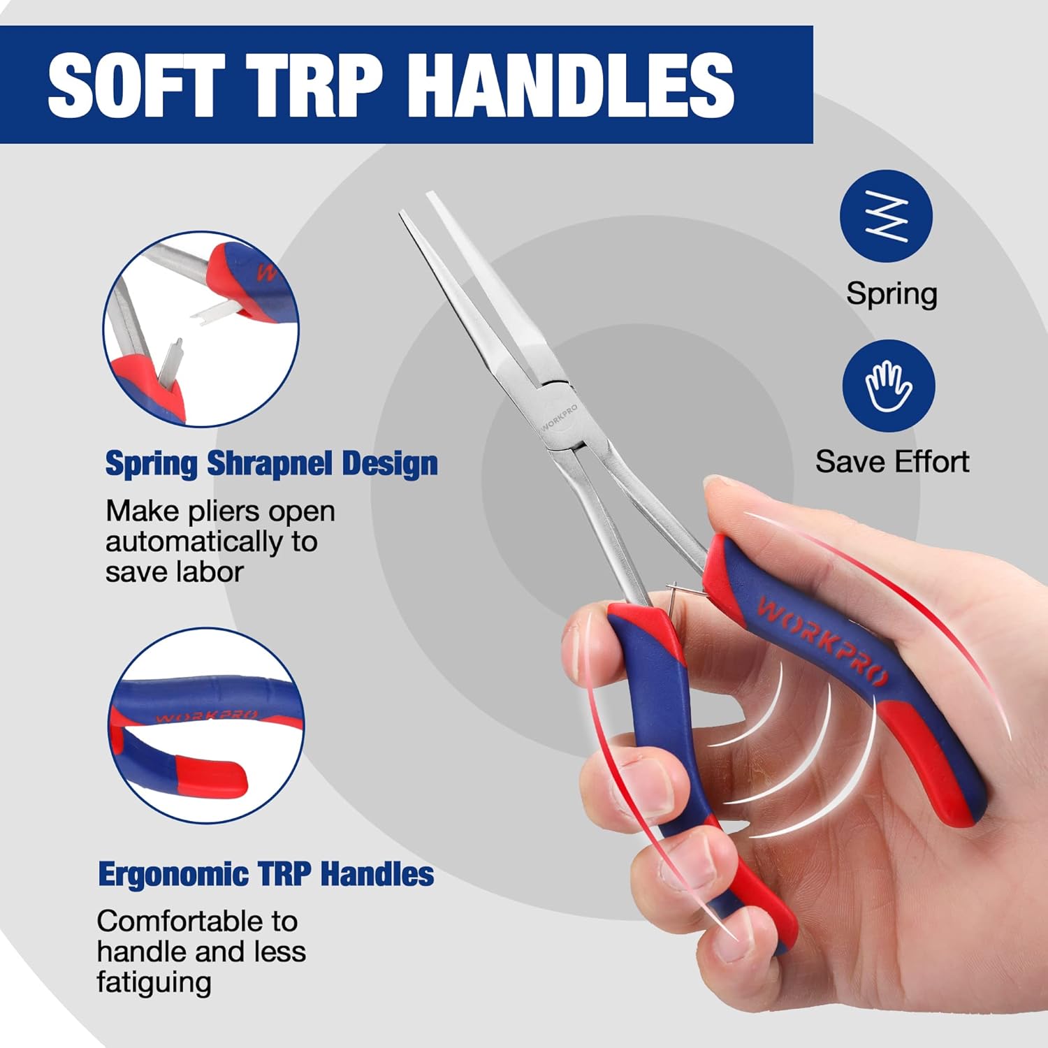 3 mini pliers with blue/red TRP handles and spring sharpened design, in hand grip view