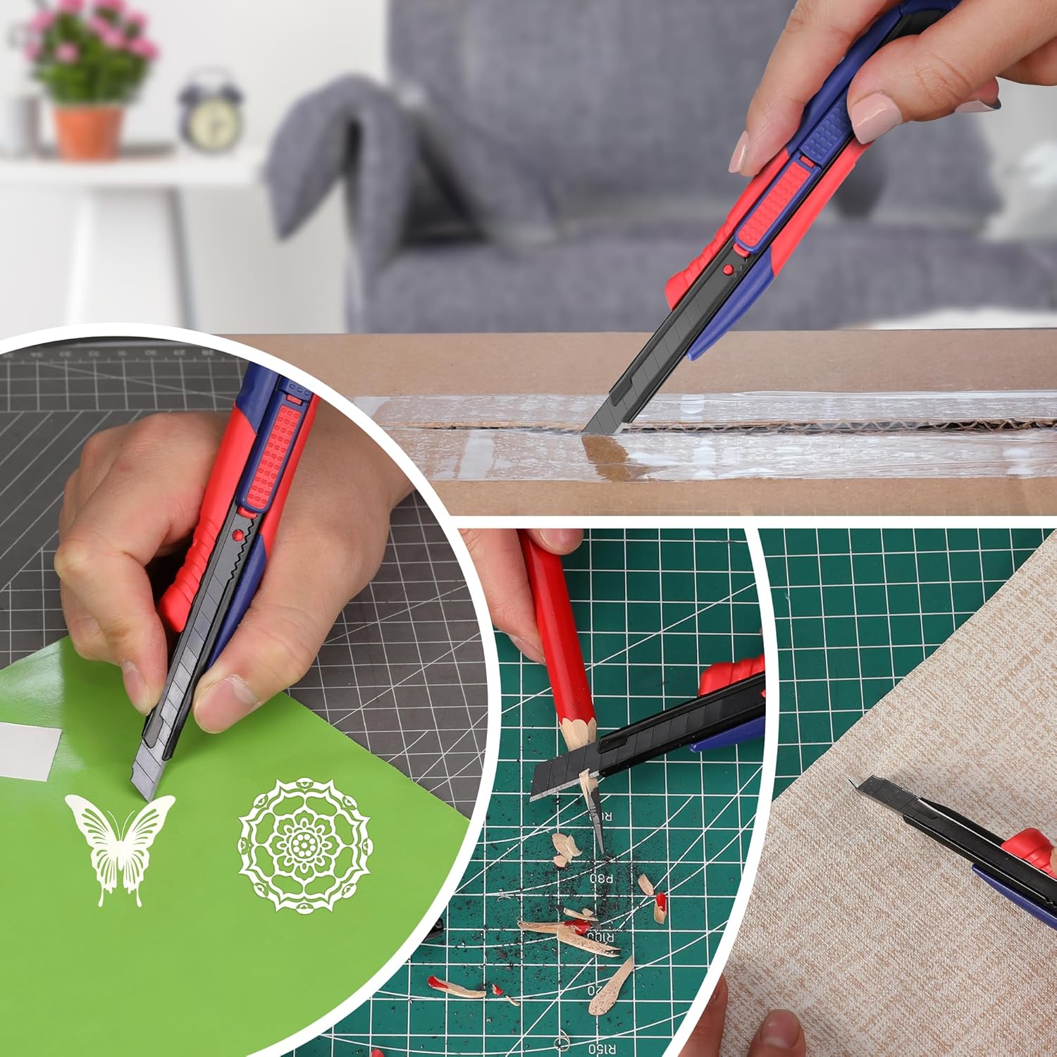 Retractable utility knife cutting along a straight edge, red/blue handle and blade