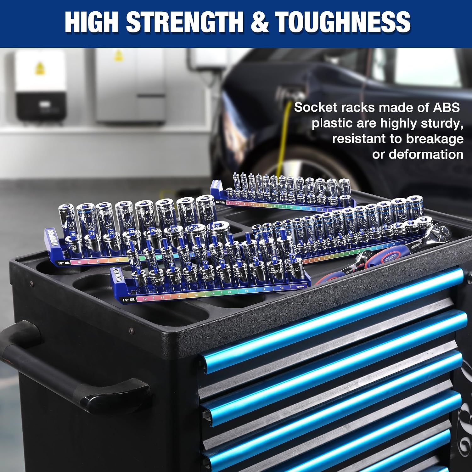 Socket organizer tray set with blue posts in black ABS rack, holding metric sockets