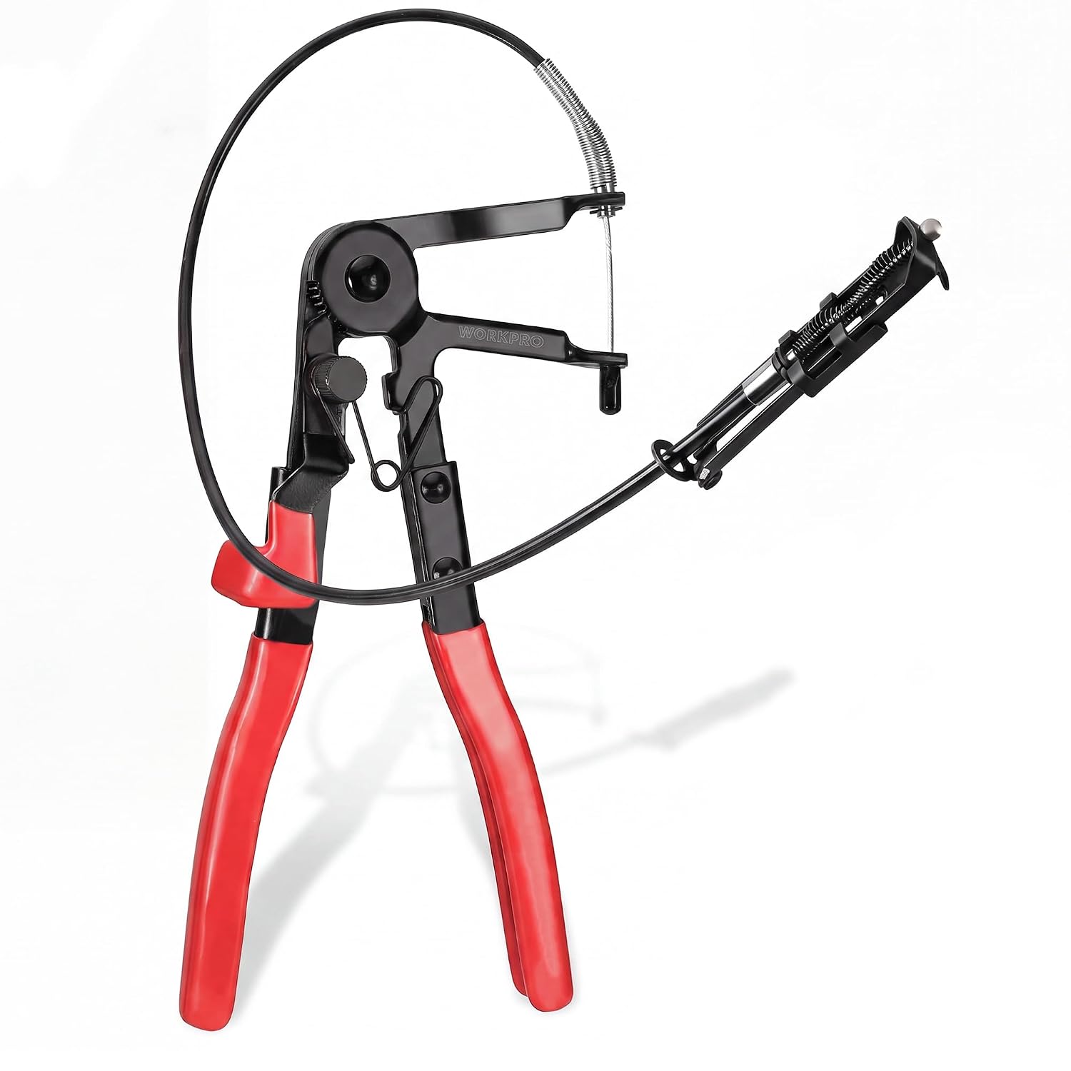 Red and black hose clamp pliers with flexible loop handle for spring clamp removal