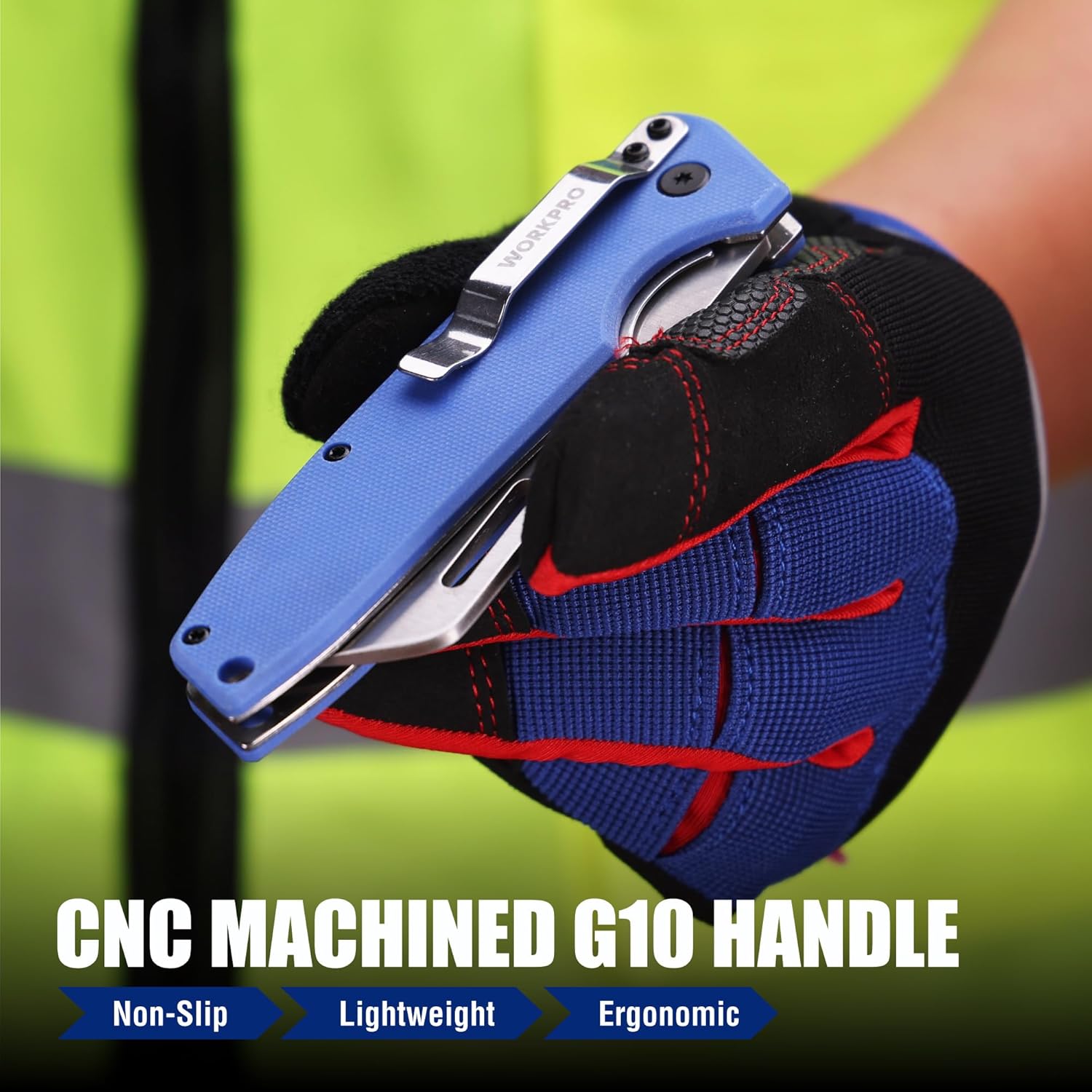 Blue folding utility knife with stainless blade, set in black-red work glove