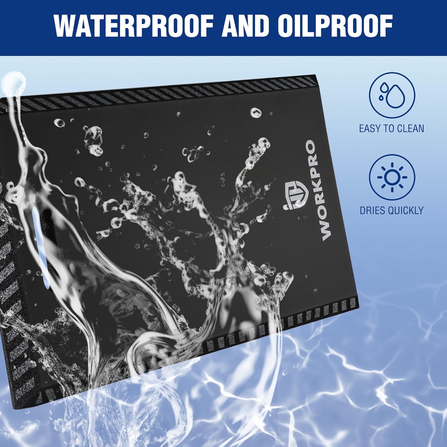 Black kneeling pad with waterproof, oil-resistant surface and textured grip edges