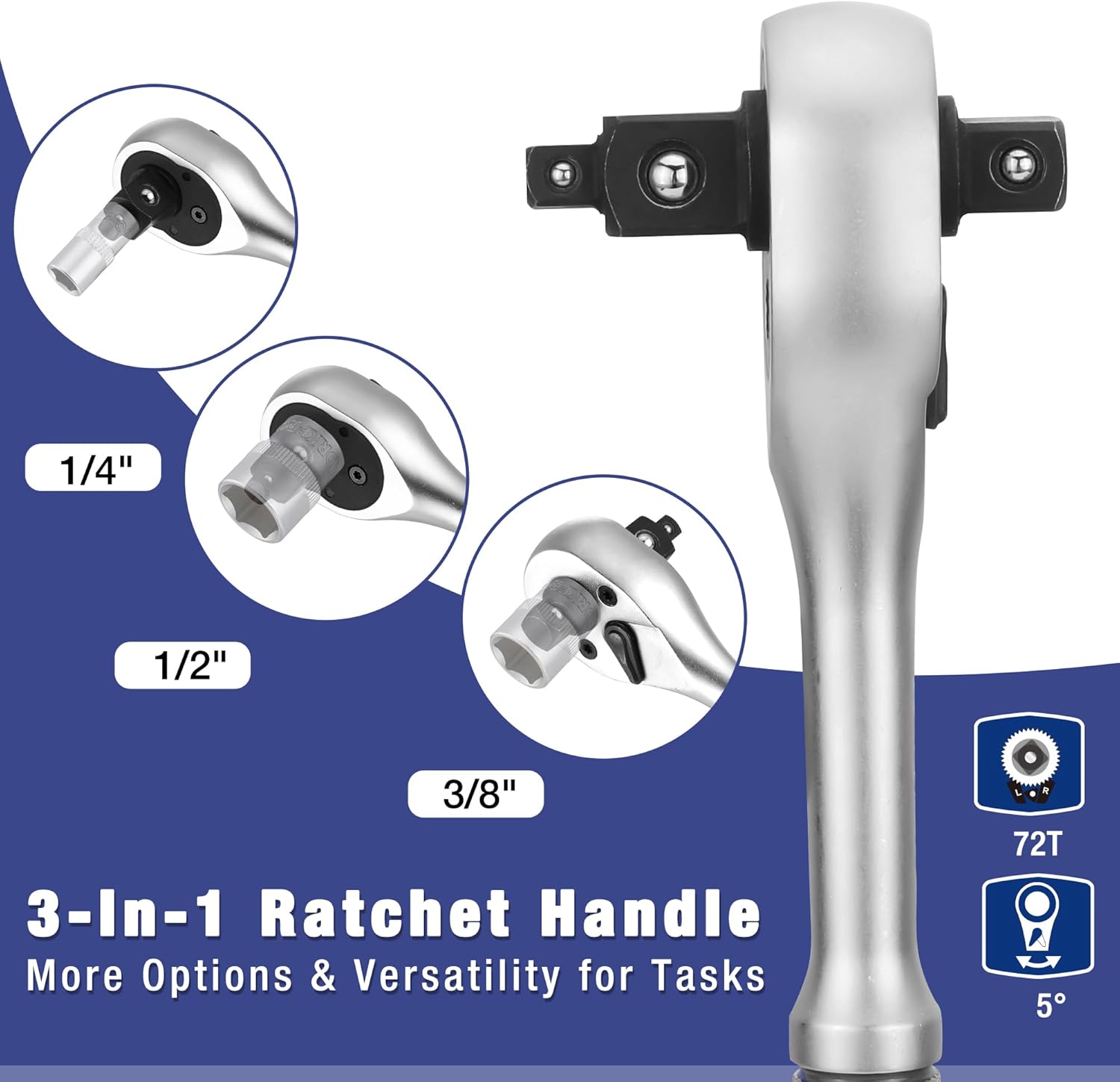 3-in-1 ratchet handle with 1/4, 1/2, and 3/8 drive socket wrench heads