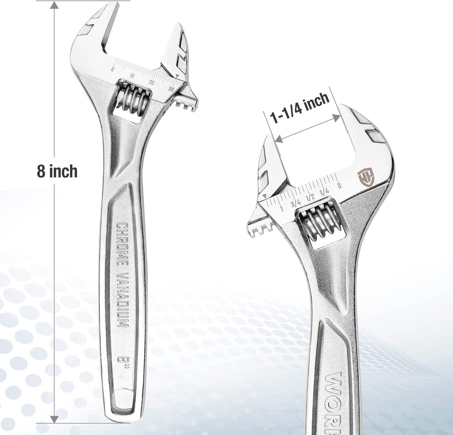 8-inch adjustable wrench with 1-1/4 in jaw opening, silver chrome finish.