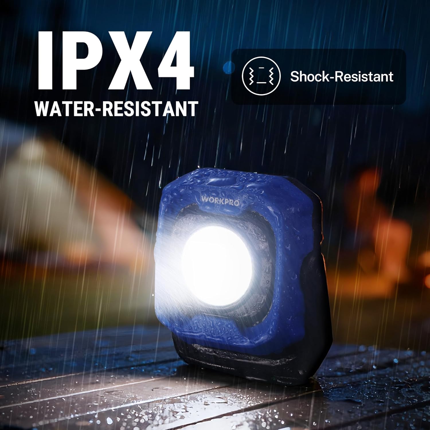 WORKPRO LED work light, blue and black with bright circular lens in wet conditions