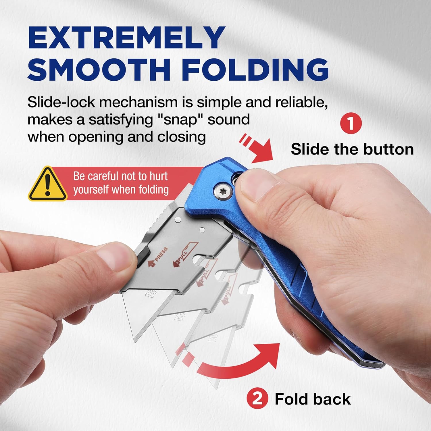 Folding utility knife with slide-lock folding action and sharp stainless steel blade
