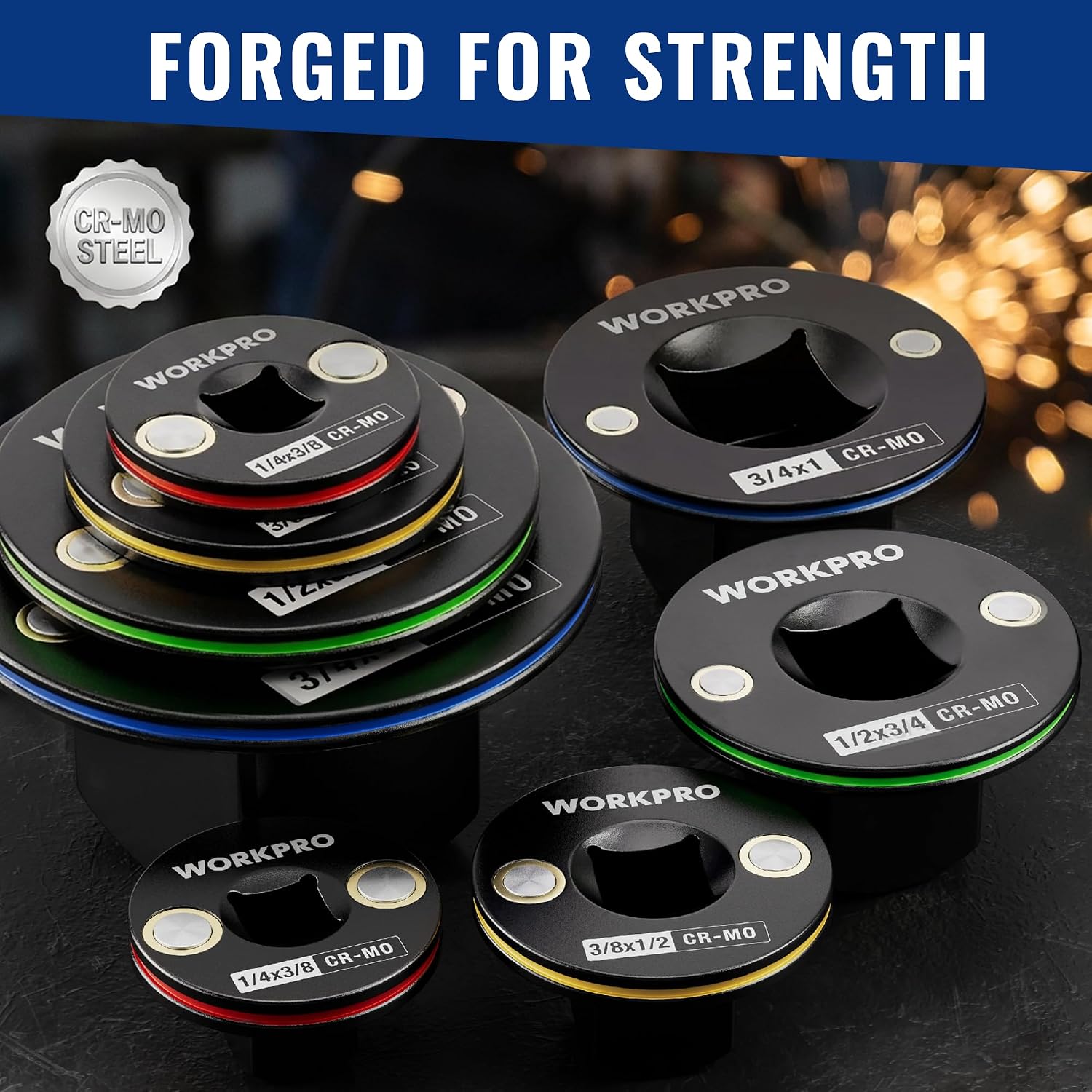 Cr-Mo steel impact socket adapter set, black magnetic stubs with colored trim rings