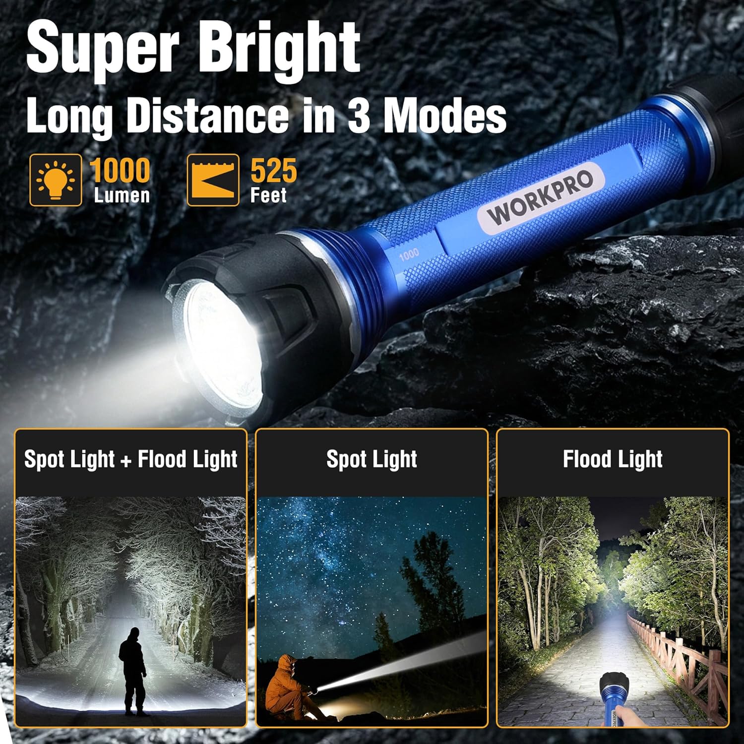 Blue and black rechargeable LED flashlight with wide beam head, handheld aluminum body