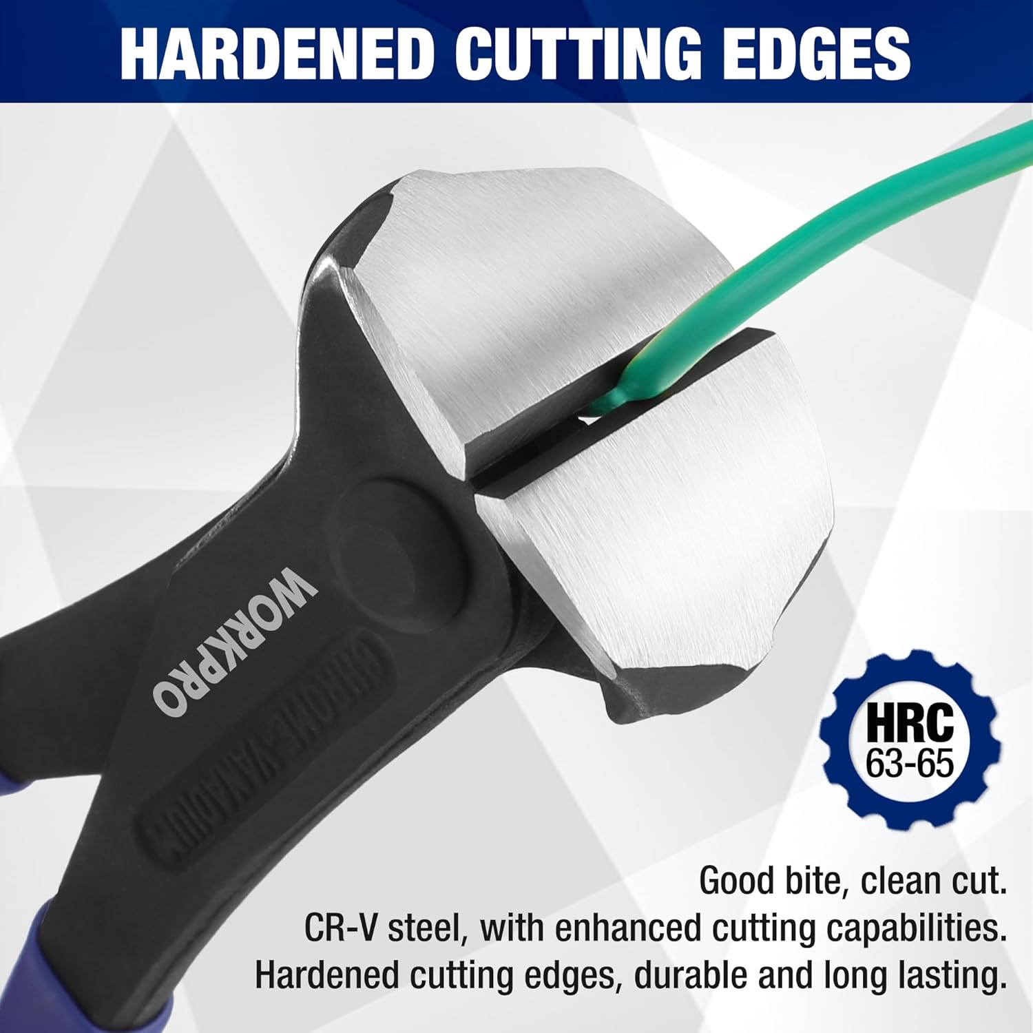 End cutting pliers with hardened steel jaw cutting edge on blue-handled black tool.