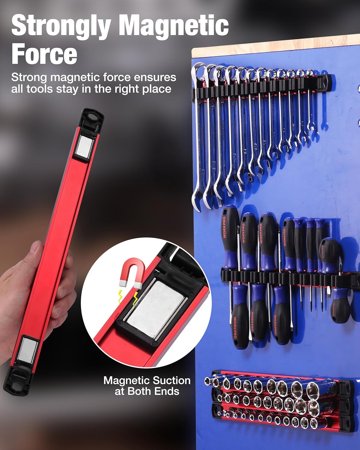 Red magnetic organizer bar holding metal wrenches and socket tools on clips
